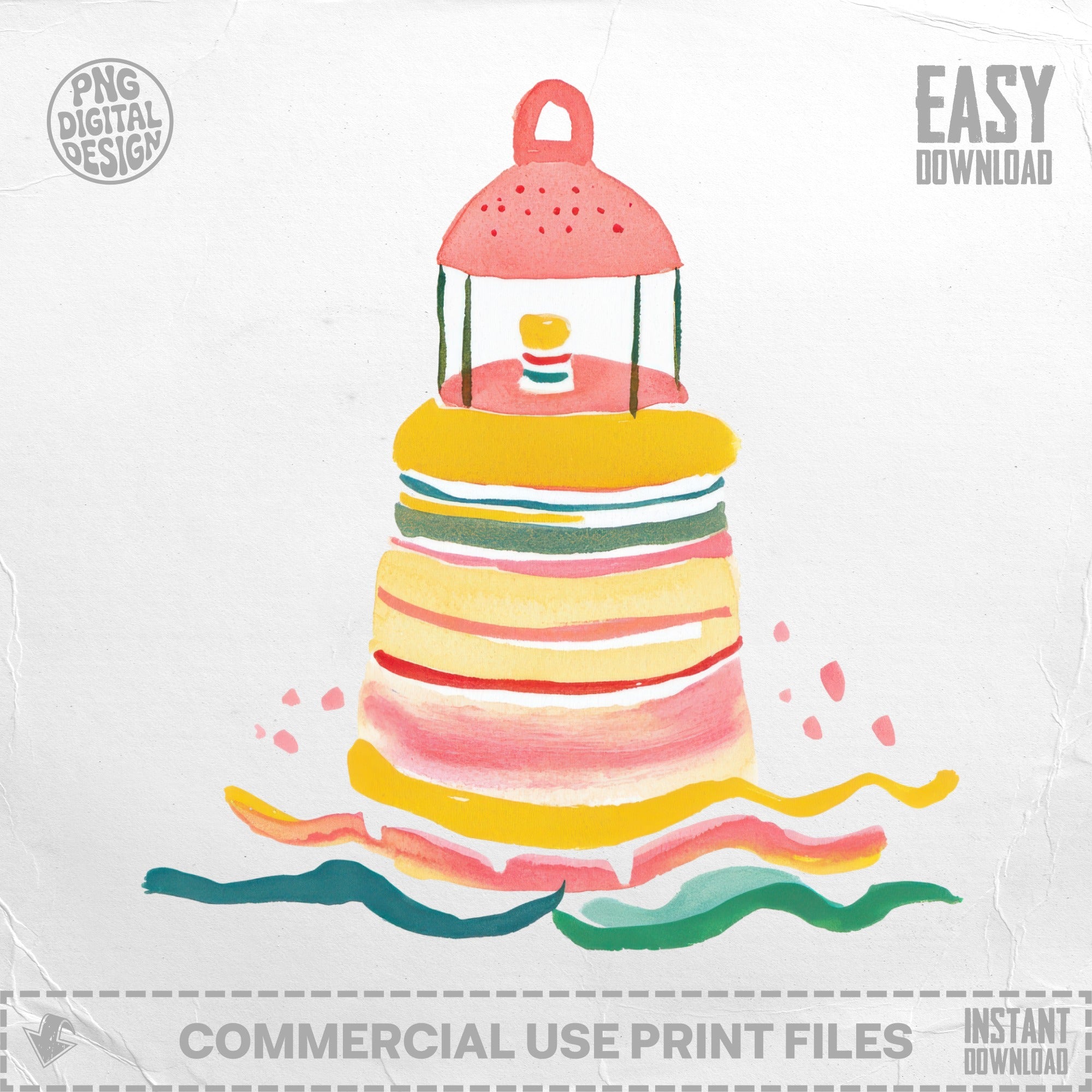 Watercolor lighthouse illustration with wavy lines and "Easy Download" text.