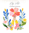 Praying hands illustration surrounded by colorful floral and leaf branches.