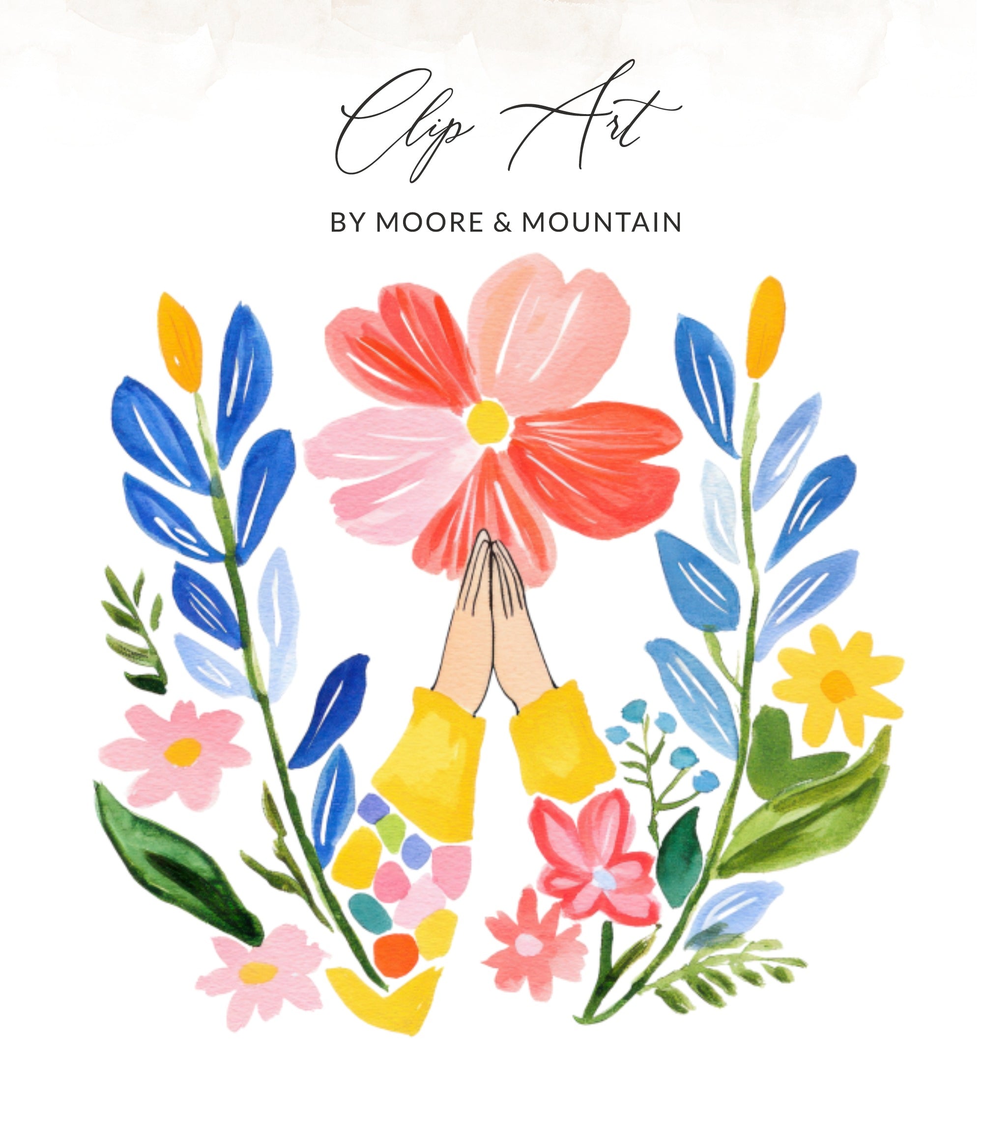 Praying hands illustration surrounded by colorful floral and leaf branches.