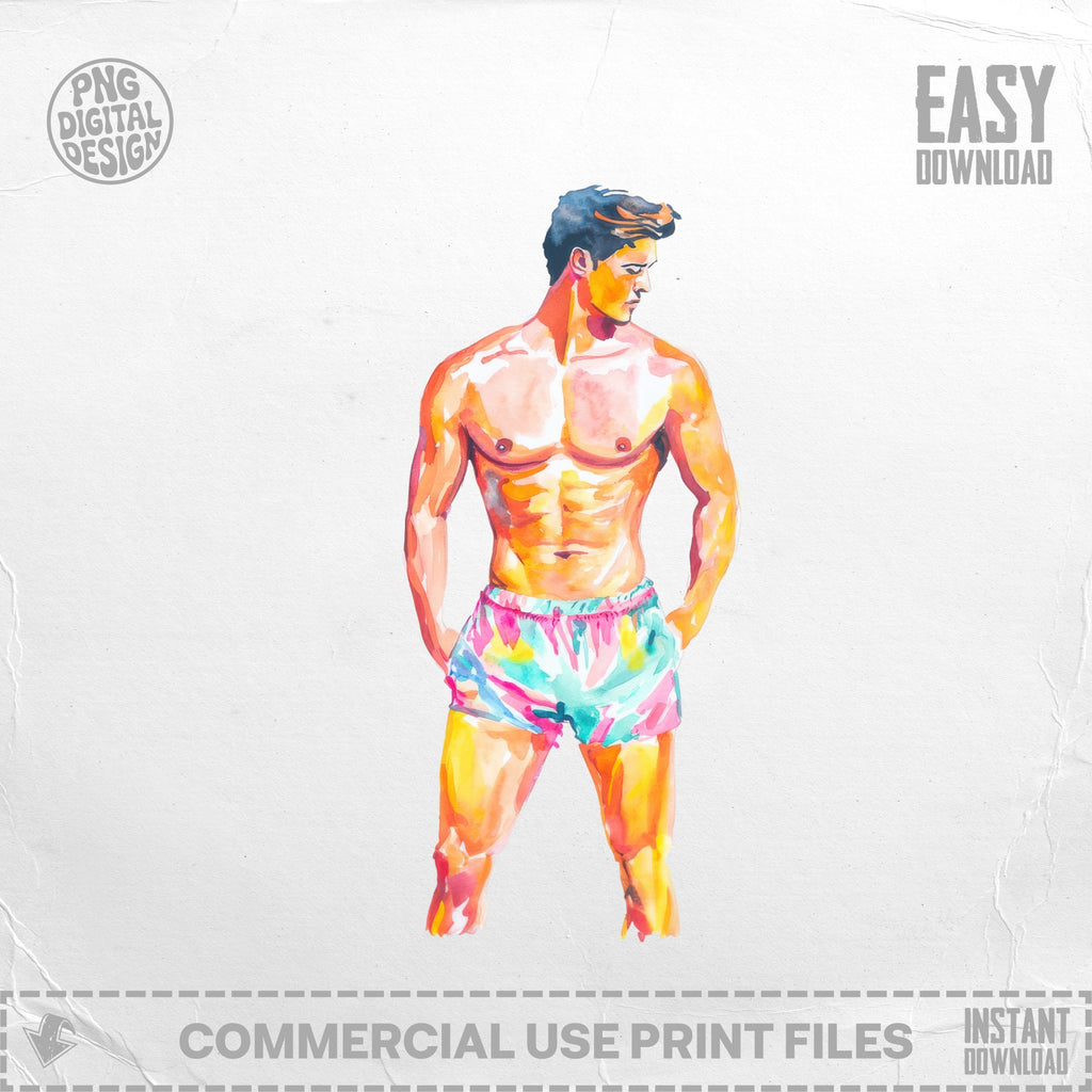 Watercolor illustration of a muscular man in colorful patterned swim trunks.