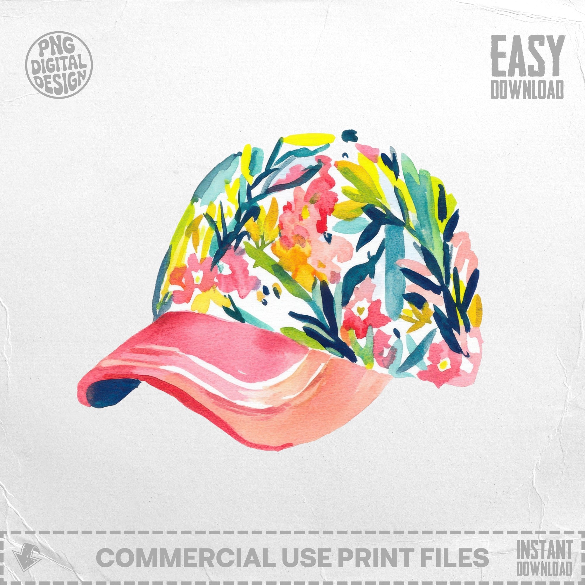 Baseball cap with a vibrant watercolor floral pattern.