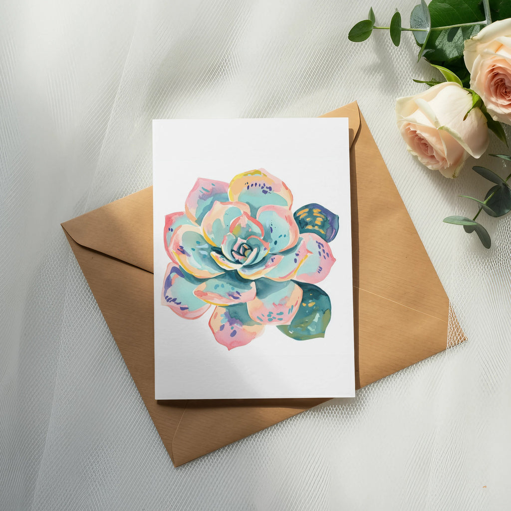 Watercolor succulent on card placed on envelope with roses and eucalyptus.
