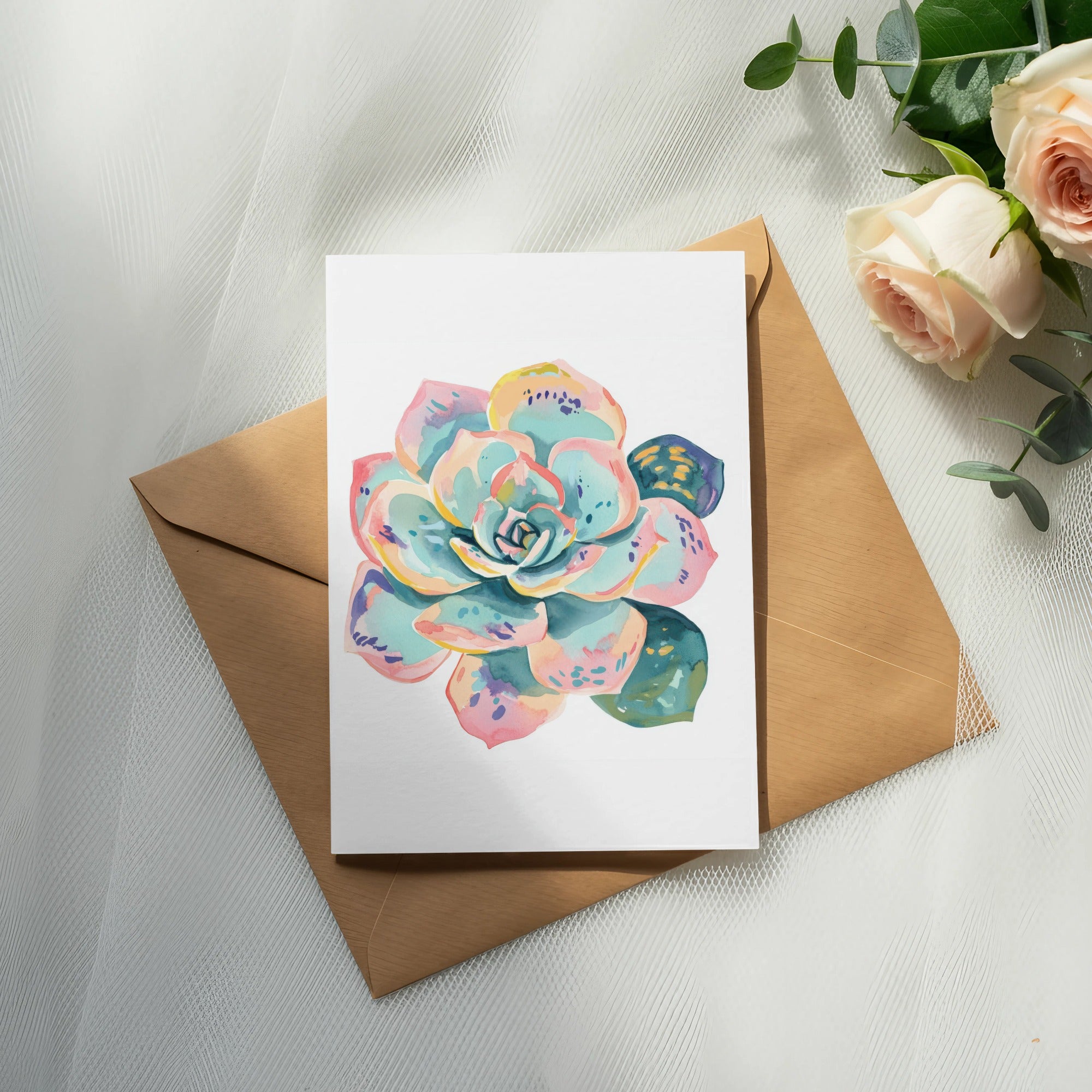 Watercolor succulent on card placed on envelope with roses and eucalyptus.