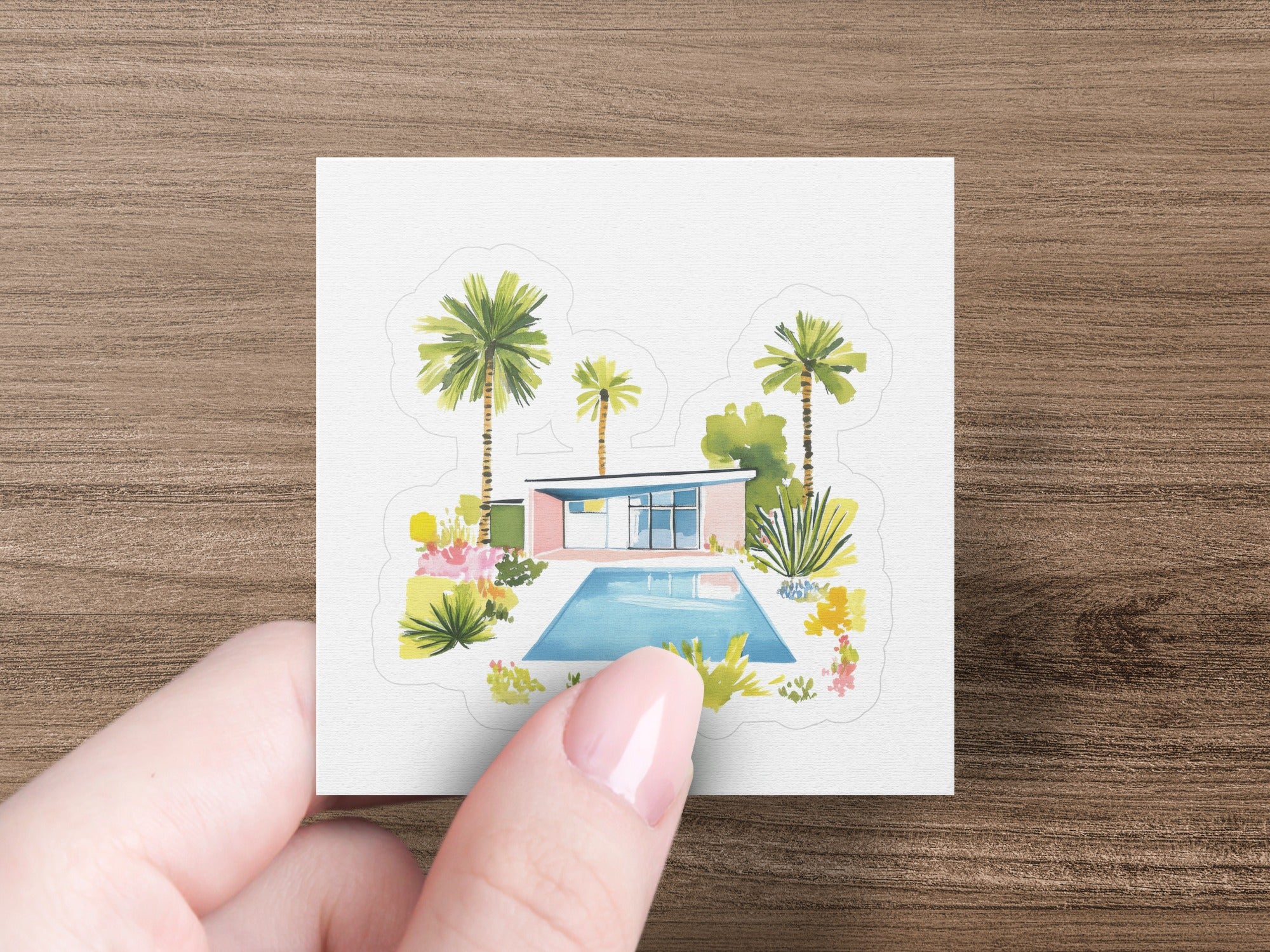 Watercolor illustration of a mid-century modern house with a pool and palm trees.