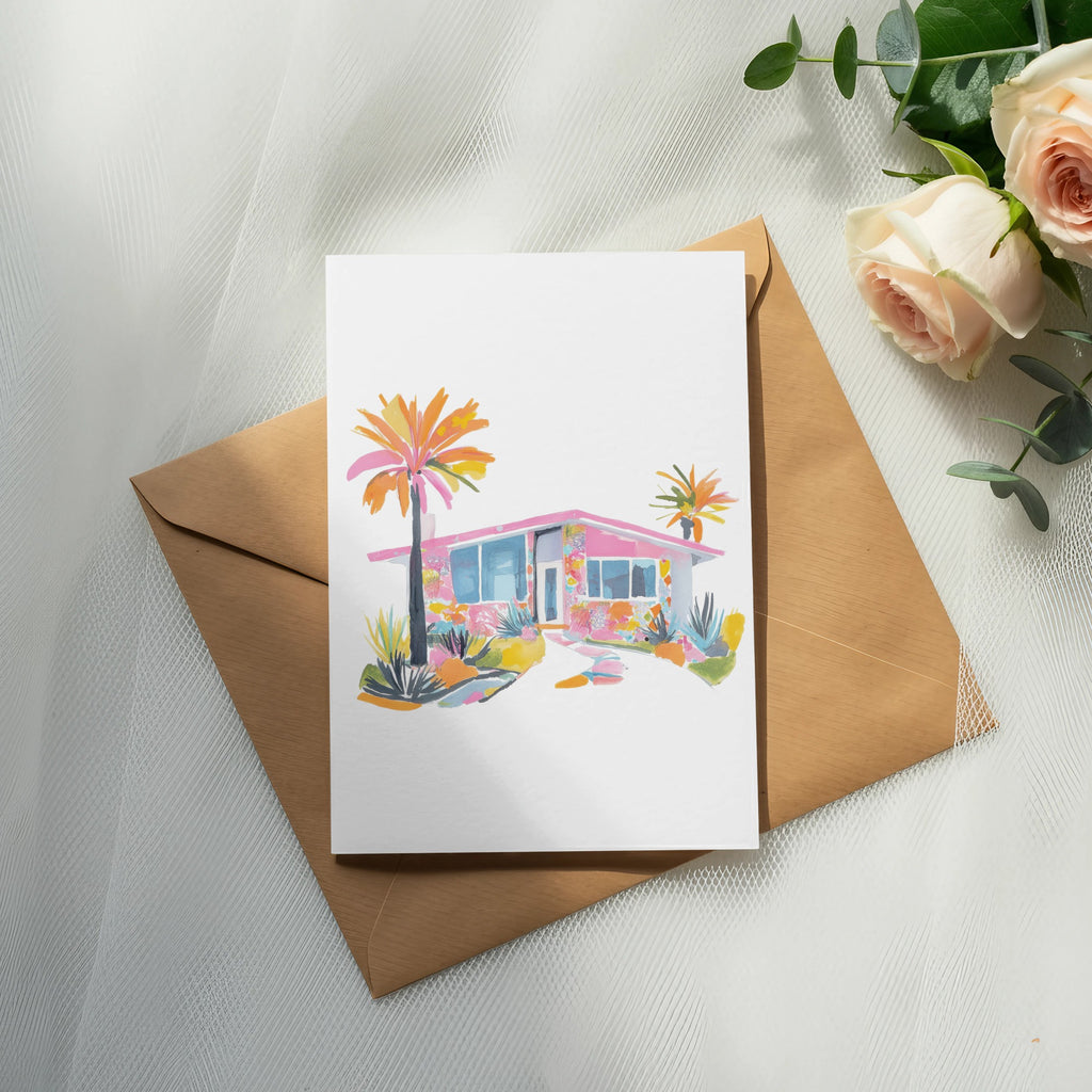 Watercolor illustration of a pink mid-century modern house with palm trees.