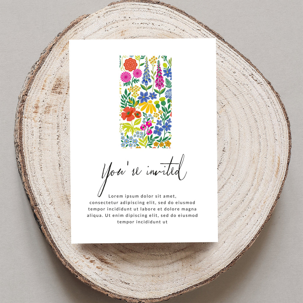 Invitation with floral pattern and "You're invited" text.