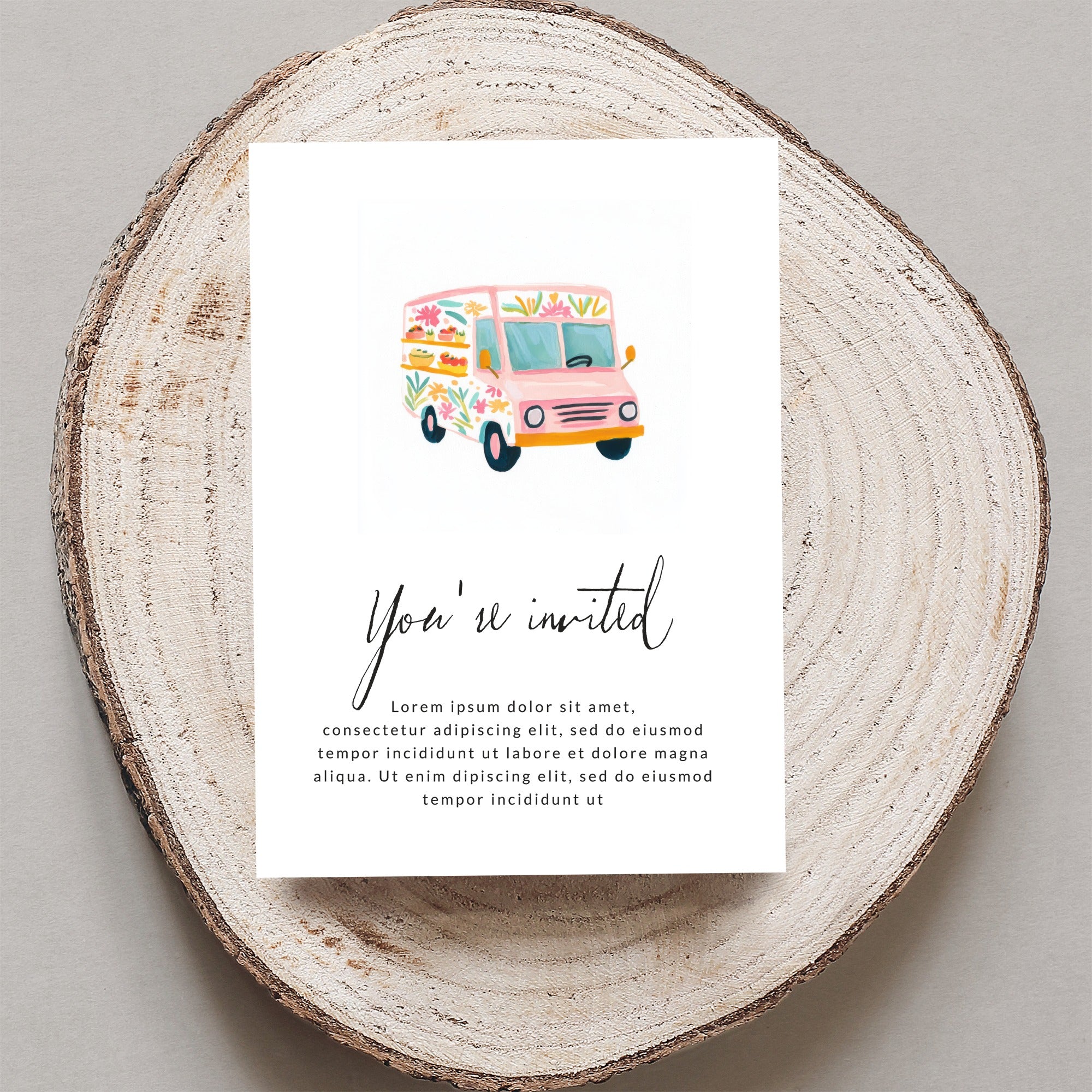 Invitation with pink food truck illustration and "You're invited" text.