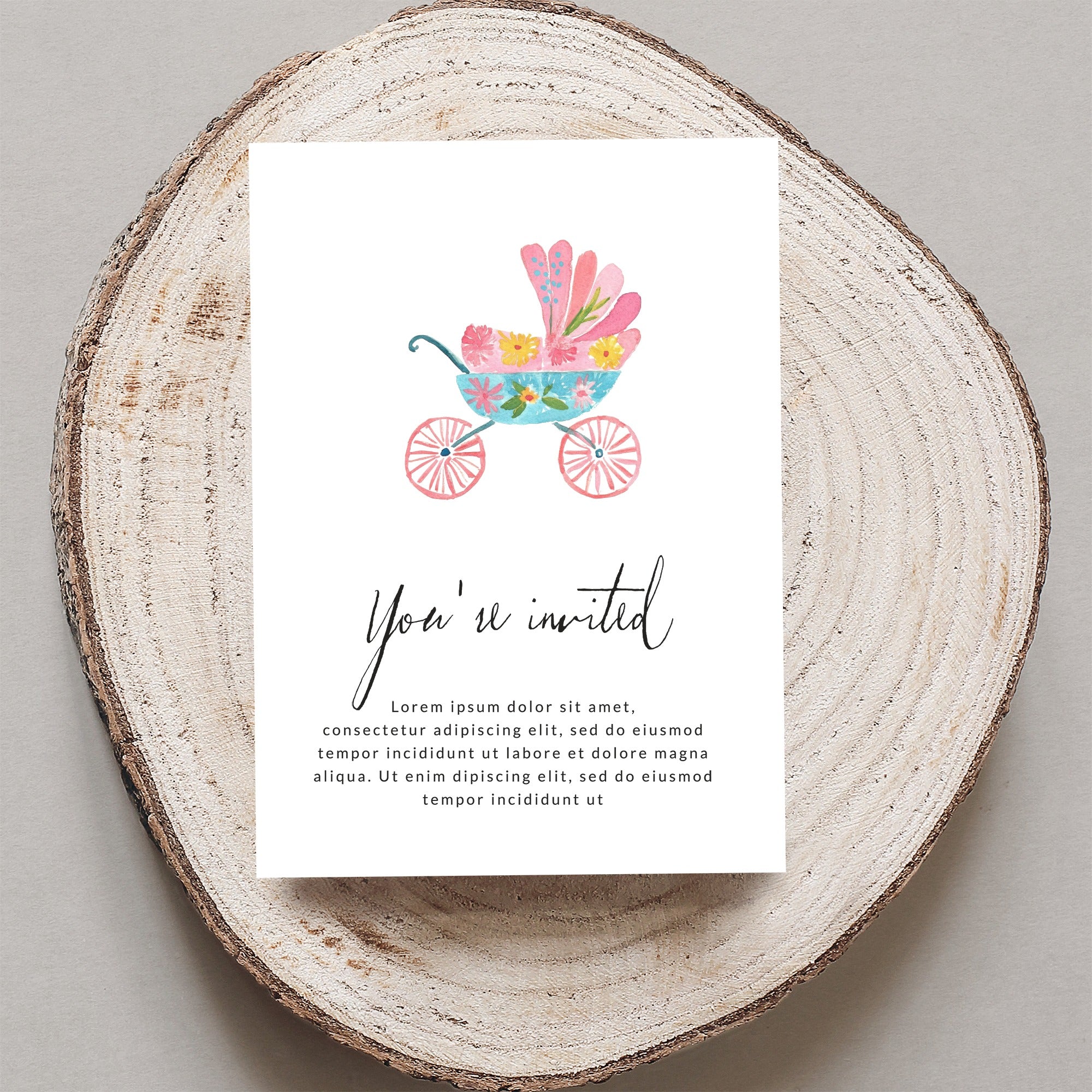 Baby shower invitation with floral stroller illustration and placeholder text.