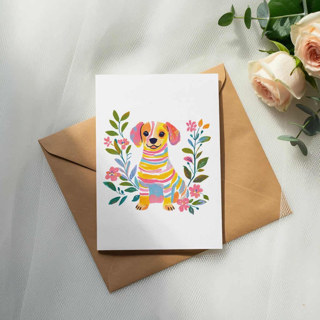 Watercolor painting of a colorful dog surrounded by flowers on a greeting card.