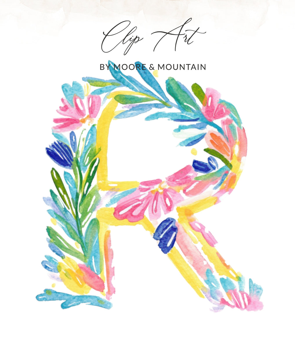 Watercolor floral letter R with "Clip Art" and "BY MOORE & MOUNTAIN" text.