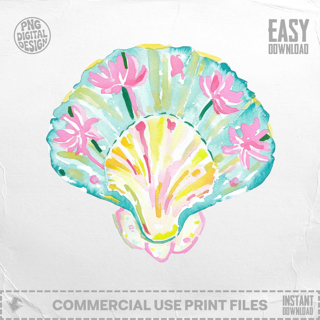 Watercolor seashell illustration with pink flowers and "Easy Download" text.