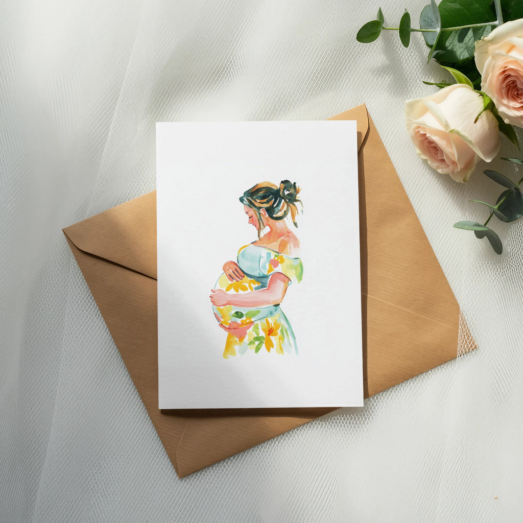 Watercolor illustration of a pregnant woman in a floral dress on a card.