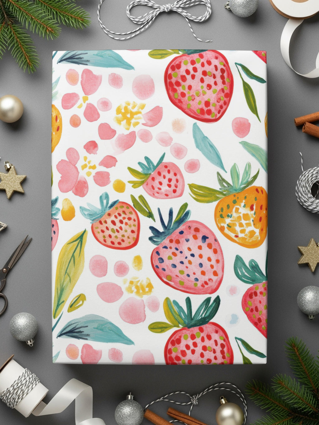 Wrapping paper with a watercolor strawberry and floral pattern.