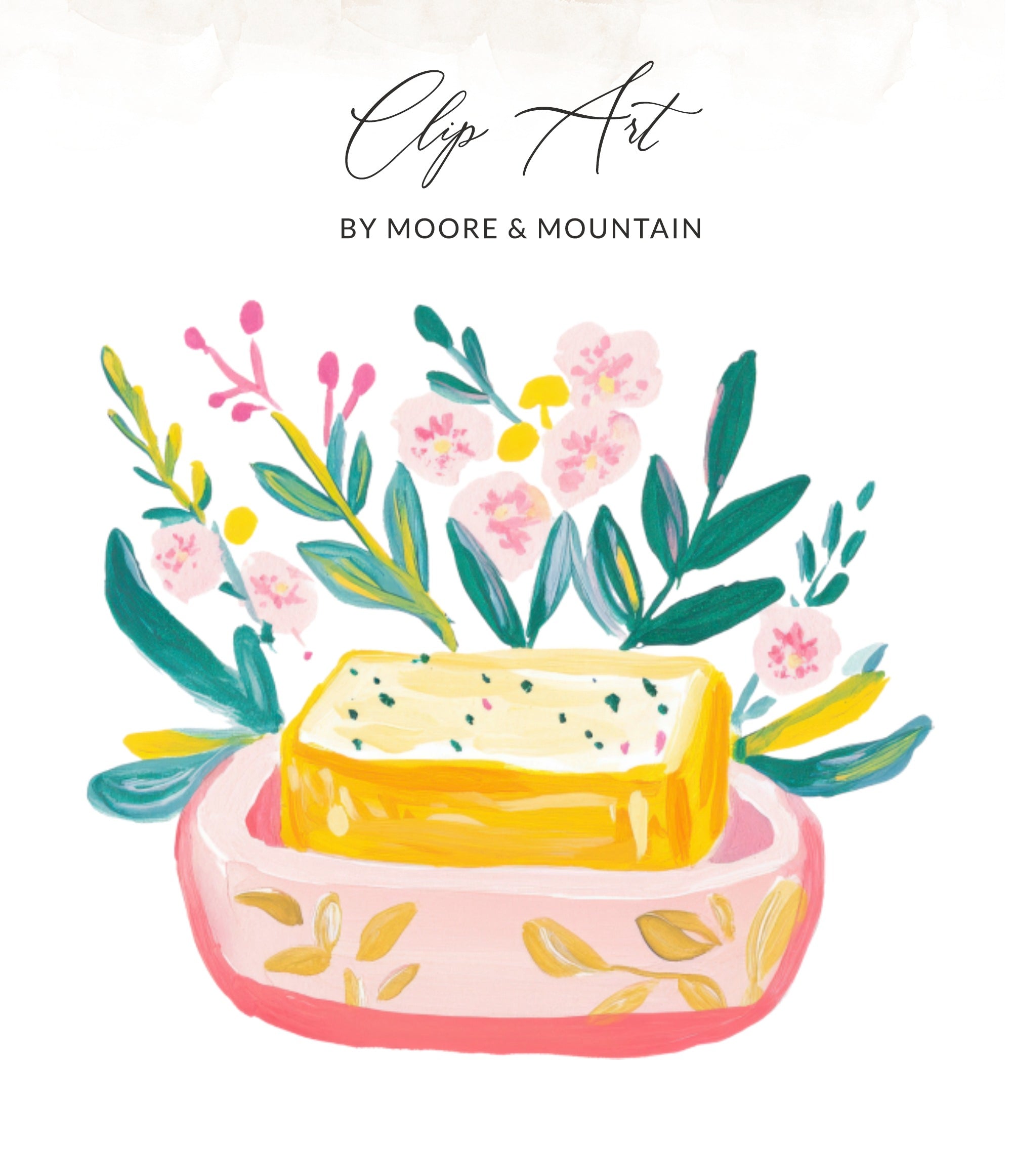 Butter in a pink dish with floral accents and the text "Clip Art By Moore & Mountain".