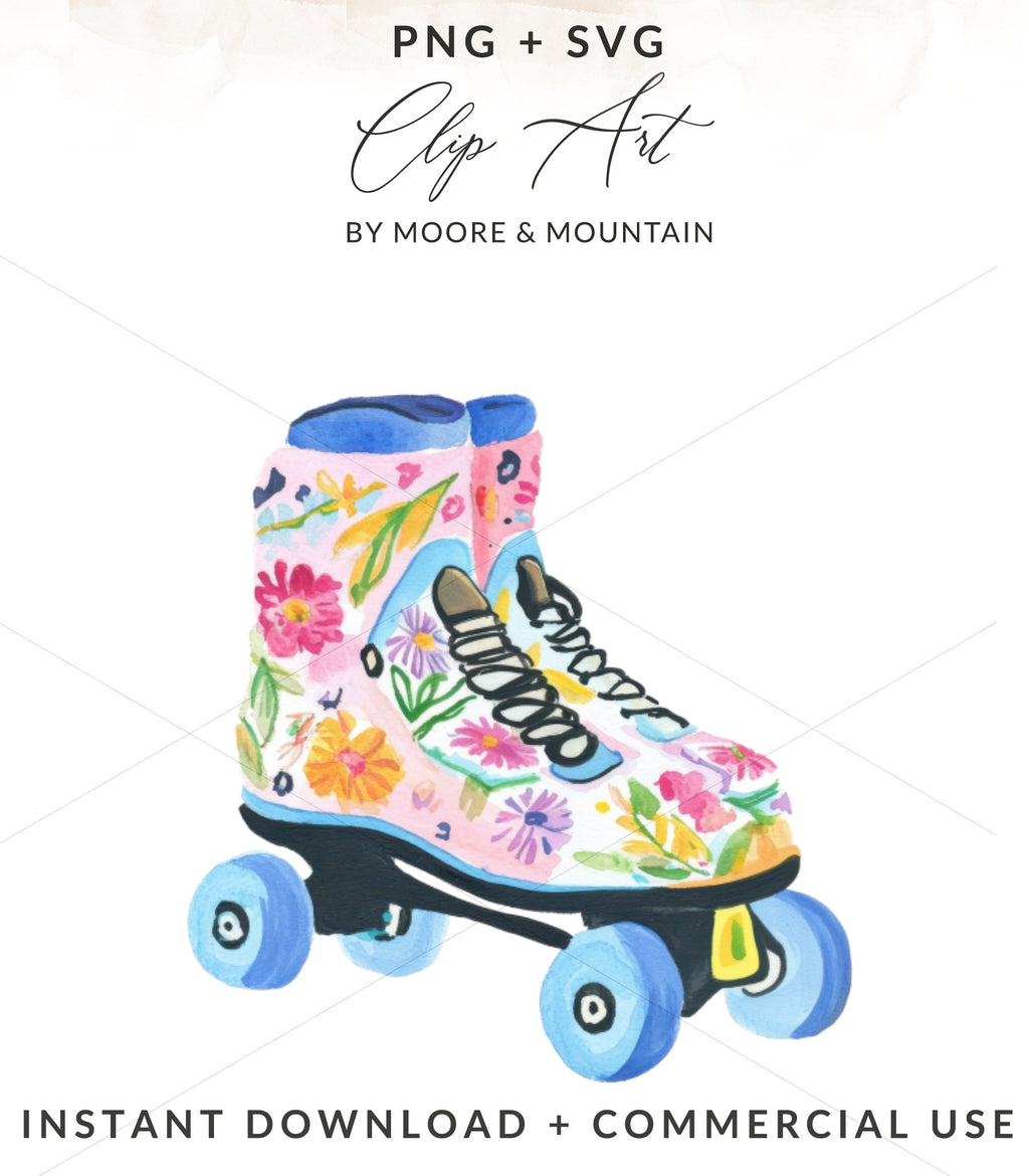 Pink roller skate adorned with colorful floral illustrations.