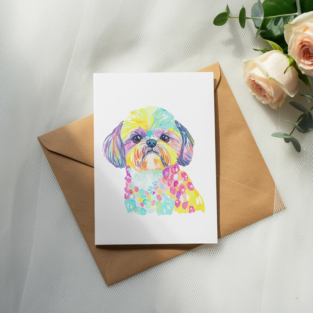 Watercolor portrait of a colorful dog on a card atop a brown envelope.