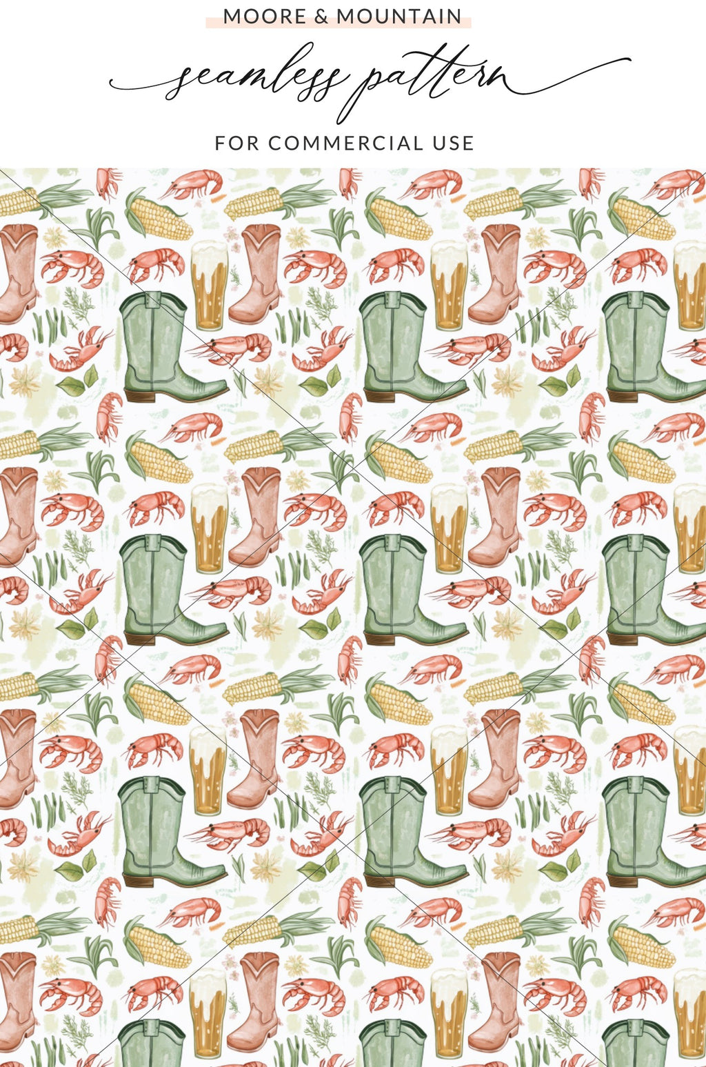 Rustic Southern Crawfish Boil Cowboy Boot Beer Corn product type
Crawfish, Cowboy boots, Beer glass, Corn on cob, Southern theme, Bayou style, Seafood boil, Rustic design, Western motif, Seamless pattern, Digital print, Fabric design, Watercolor art, Country living, Festive pattern, Party theme, Graphic element, Unique design, Food and drink, Boots pattern
