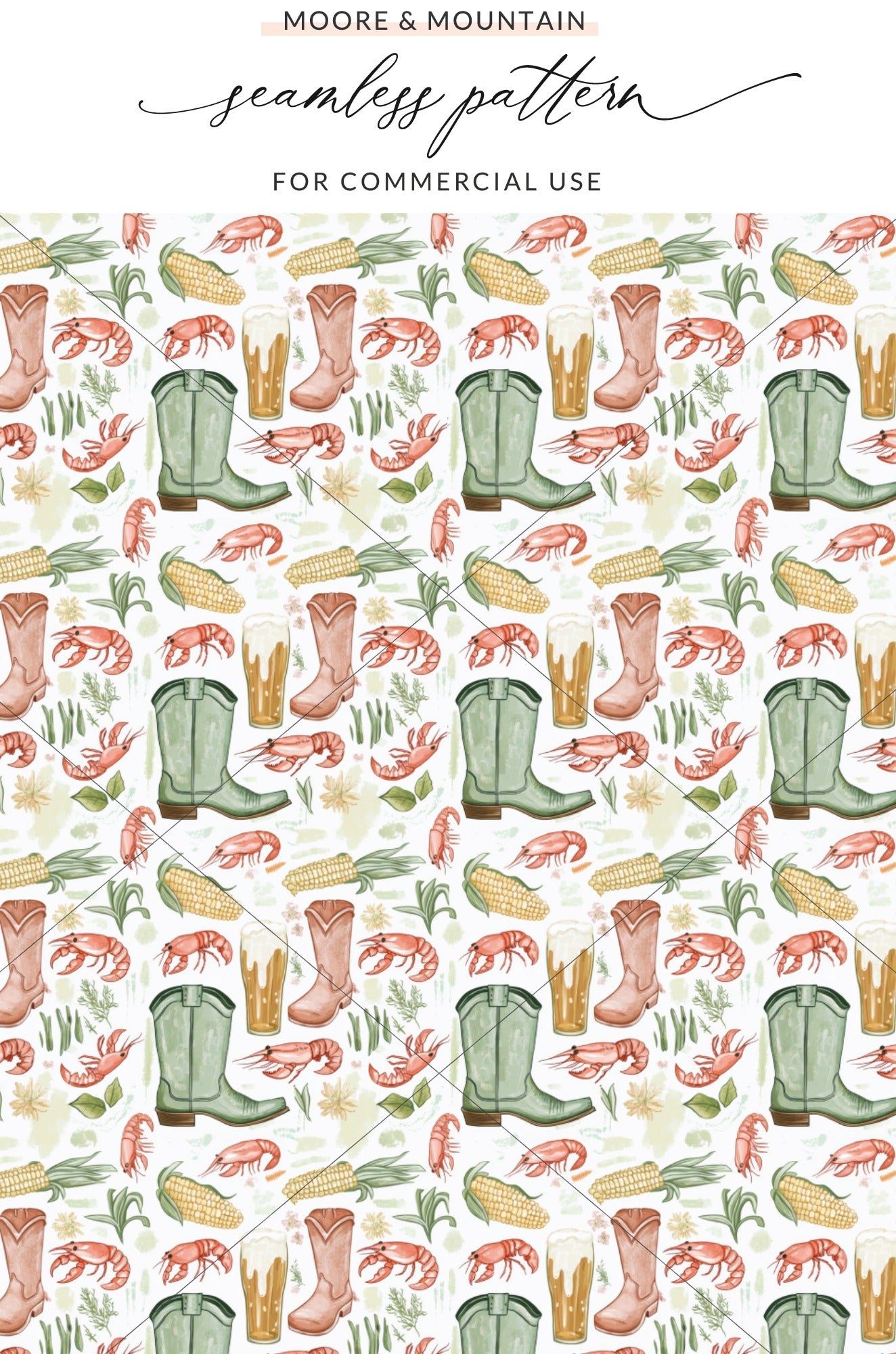 Rustic Southern Crawfish Boil Cowboy Boot Beer Corn product type
Crawfish, Cowboy boots, Beer glass, Corn on cob, Southern theme, Bayou style, Seafood boil, Rustic design, Western motif, Seamless pattern, Digital print, Fabric design, Watercolor art, Country living, Festive pattern, Party theme, Graphic element, Unique design, Food and drink, Boots pattern