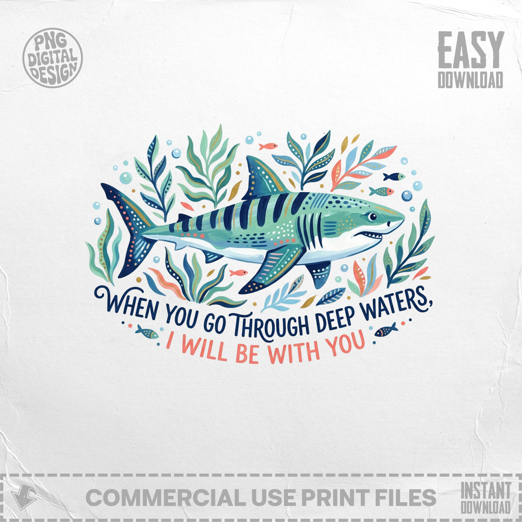 Shark surrounded by plants and fish with inspirational text.