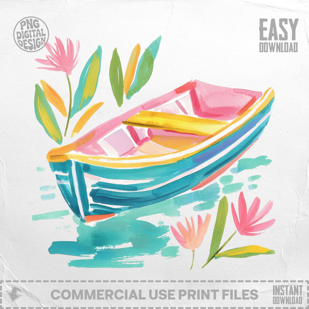 Colorful rowboat with floral accents on water.