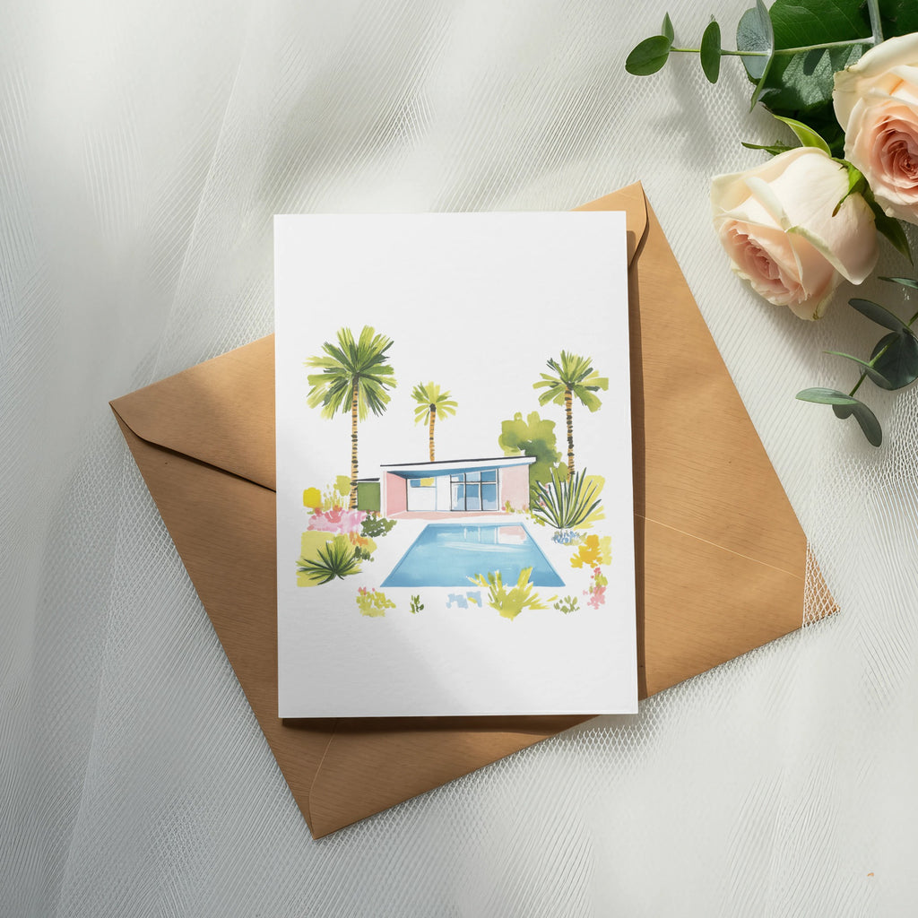 Watercolor illustration of a mid-century modern house with a pool and palm trees.