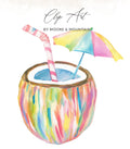 Watercolor coconut drink with colorful straw and umbrella.
