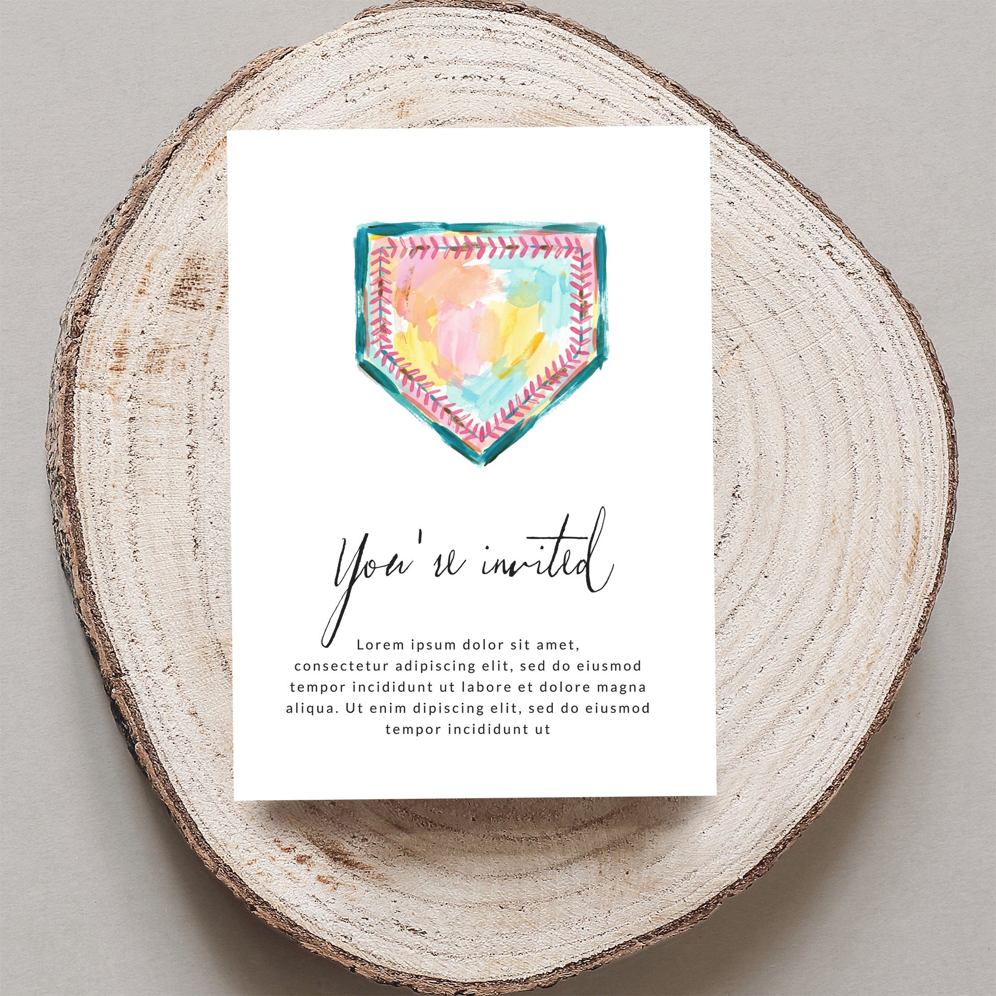 Watercolor home plate invitation with "You're invited" text.