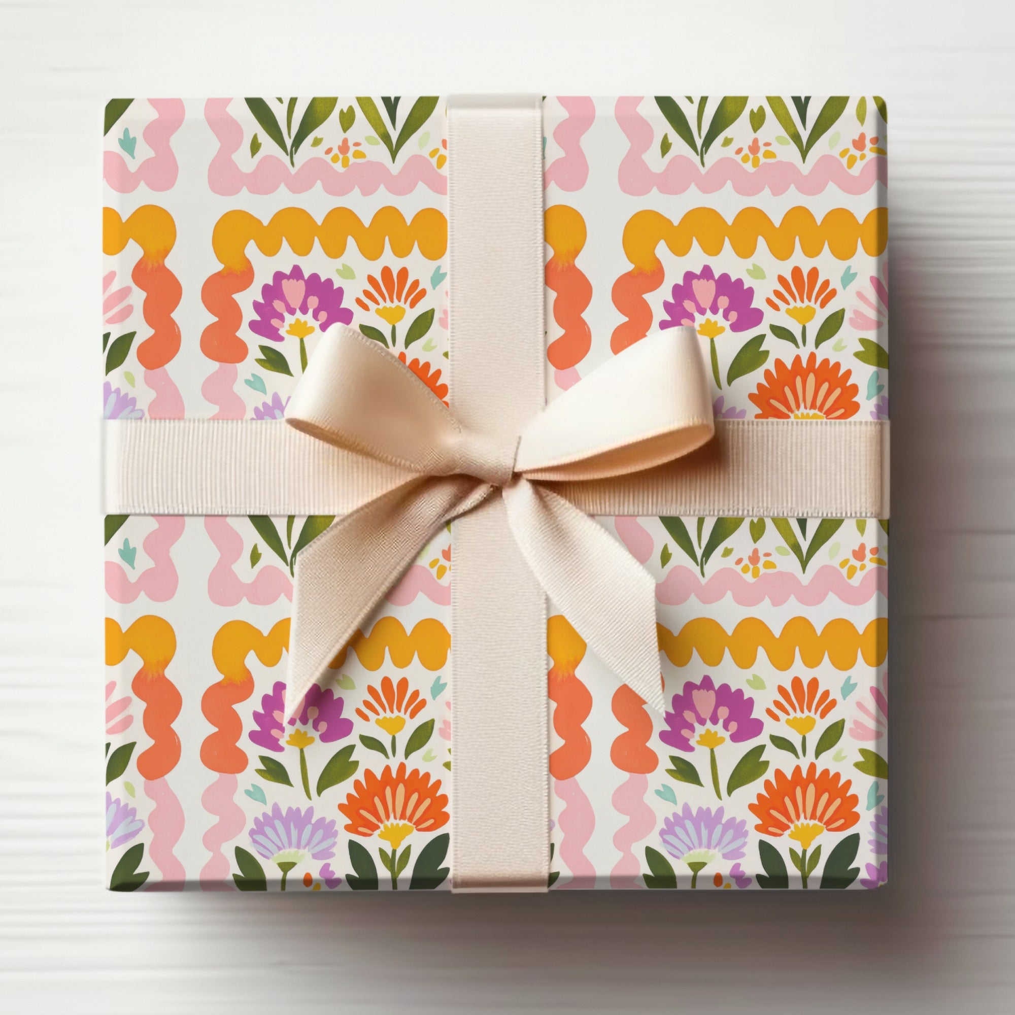 Colorful Floral Gift Wrapping Paper with Ribbon