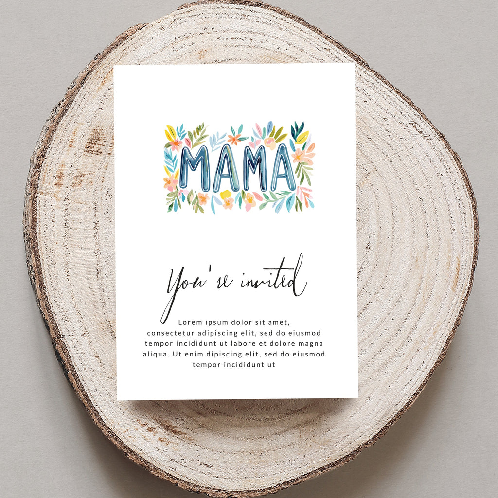 Card with "MAMA" in floral letters and "You're invited" text.