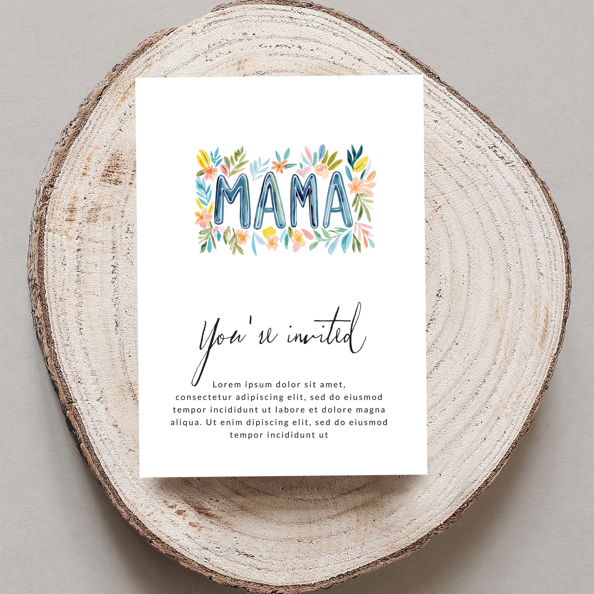 Card with "MAMA" in floral letters and "You're invited" text.