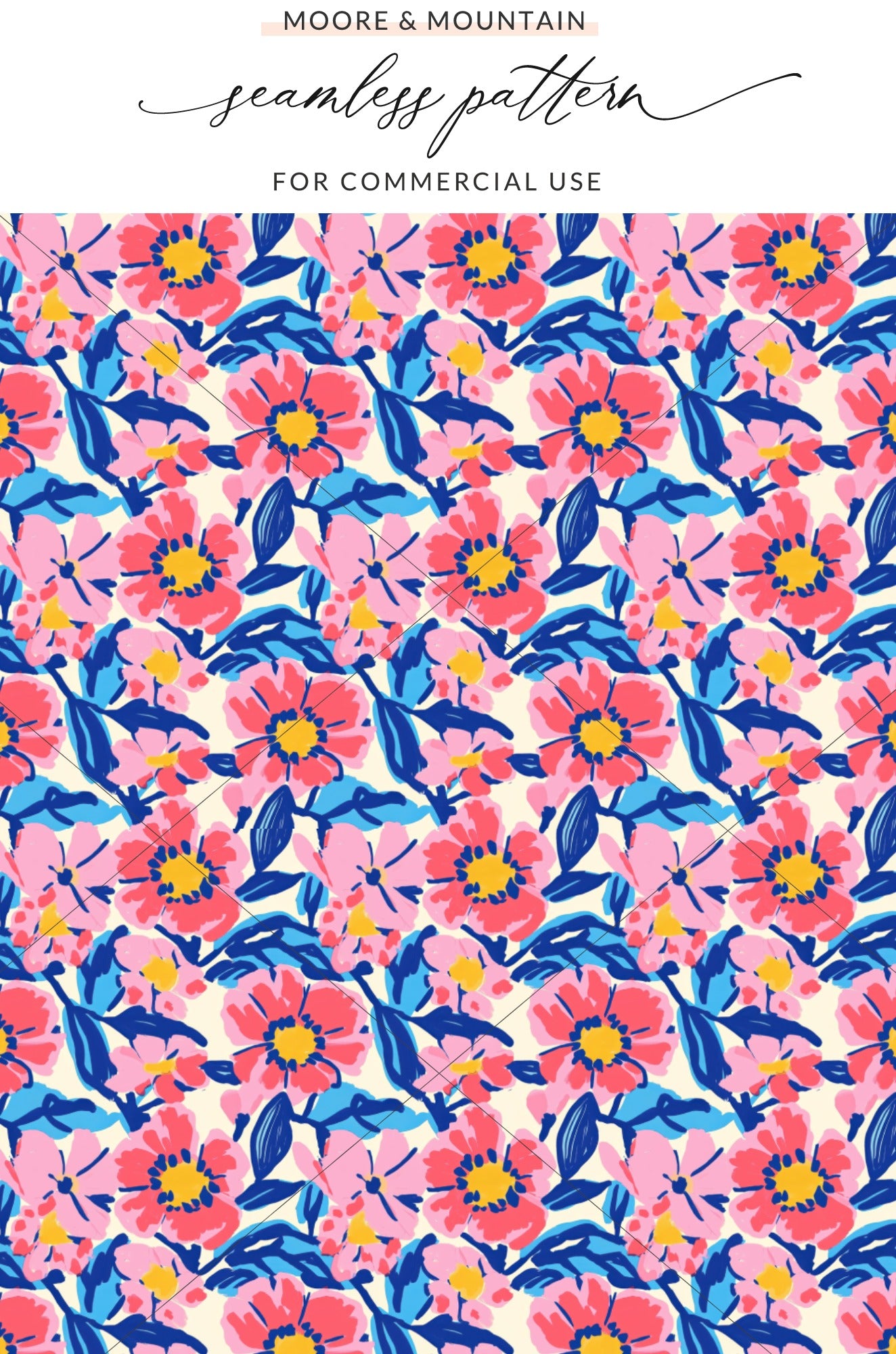 Floral pattern with pink and red flowers, blue leaves, and cream background.
