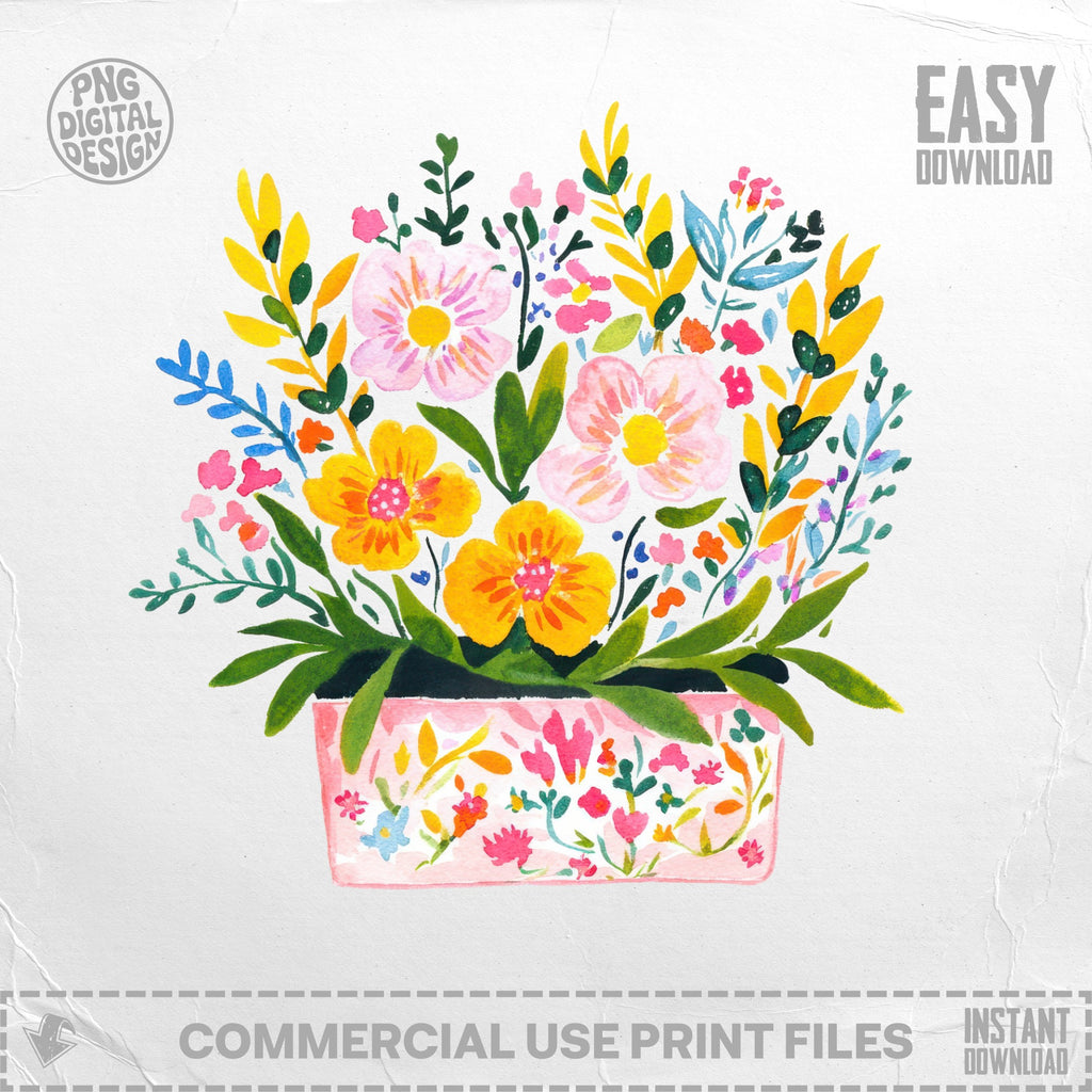 Pink ceramic pot with a vibrant watercolor floral arrangement.