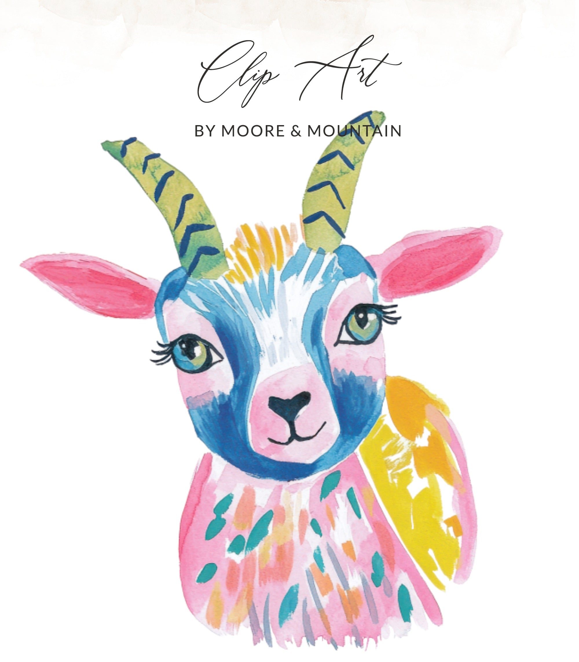 Watercolor clip art of a colorful goat with floral accents.