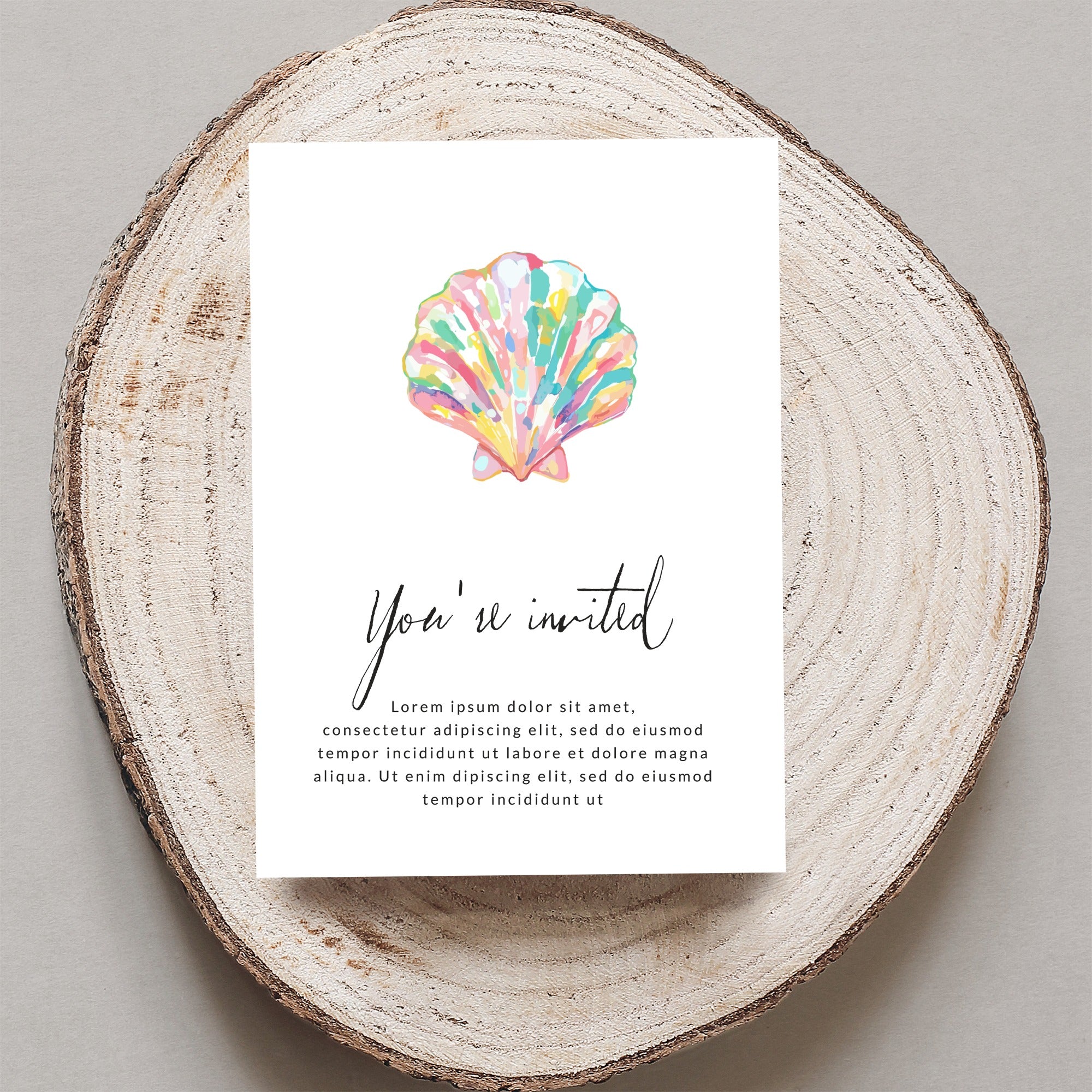 Invitation with colorful seashell illustration and "You're invited" text.