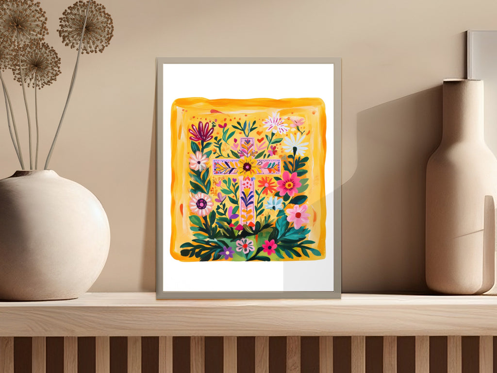 Floral cross art print with vibrant flowers and geometric patterns.