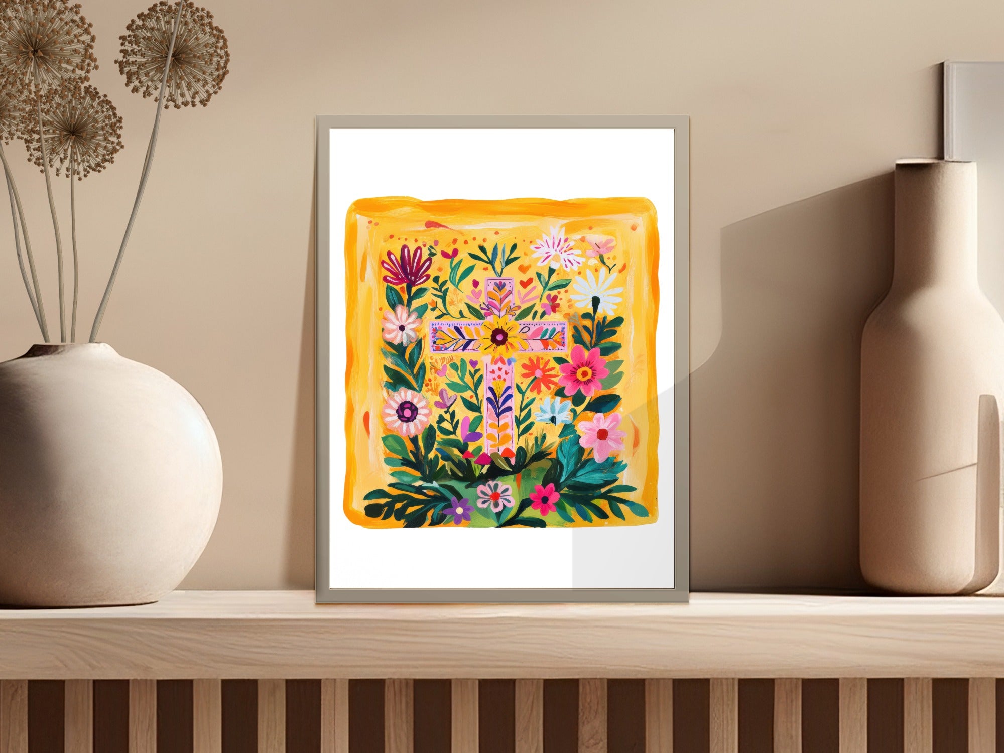 Floral cross art print with vibrant flowers and geometric patterns.