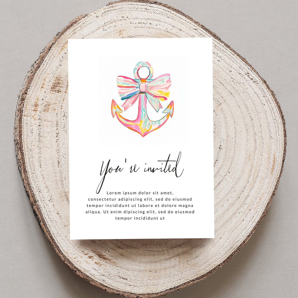Invitation with watercolor anchor graphic and "You're invited" text.