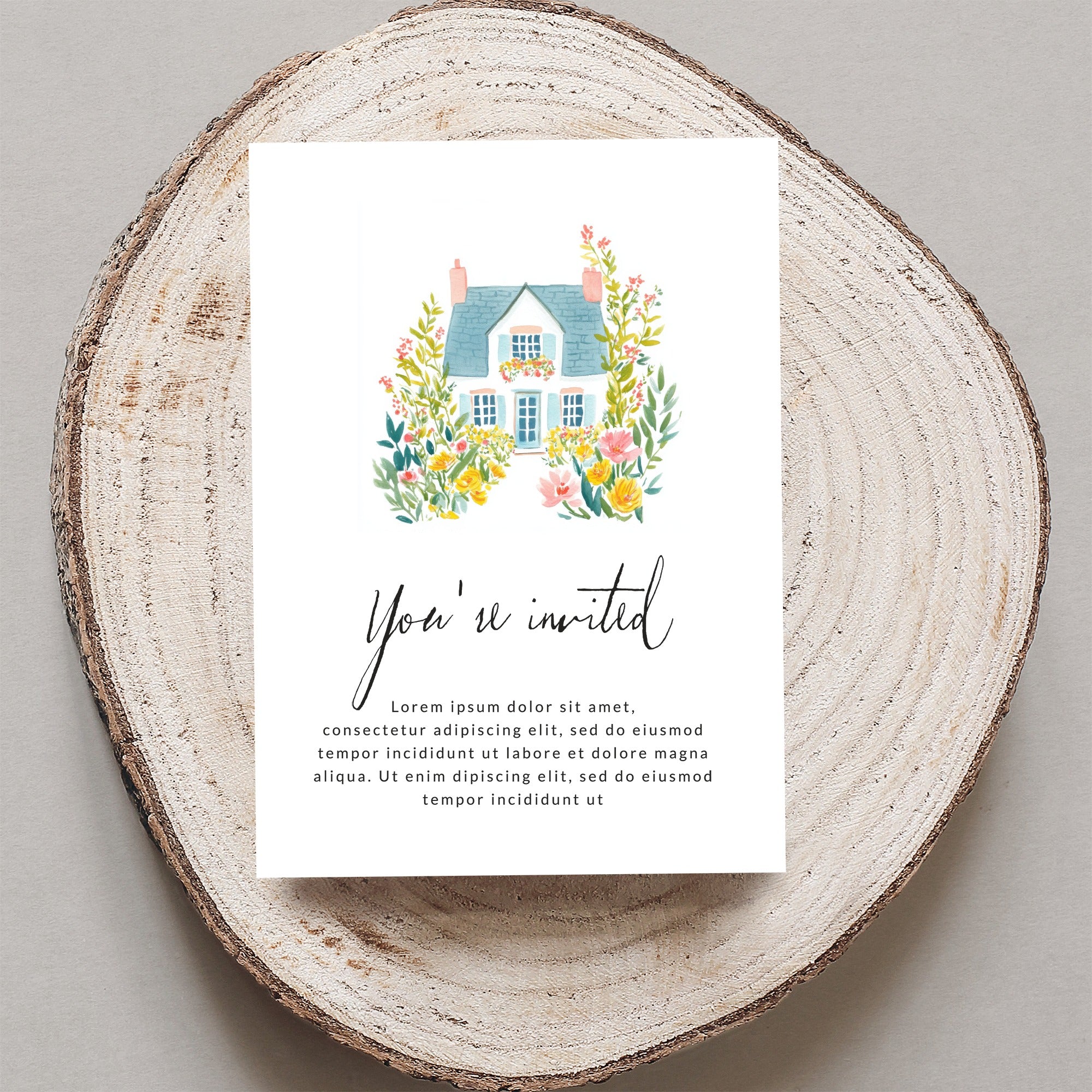 Invitation with floral house illustration and "You're invited" text.