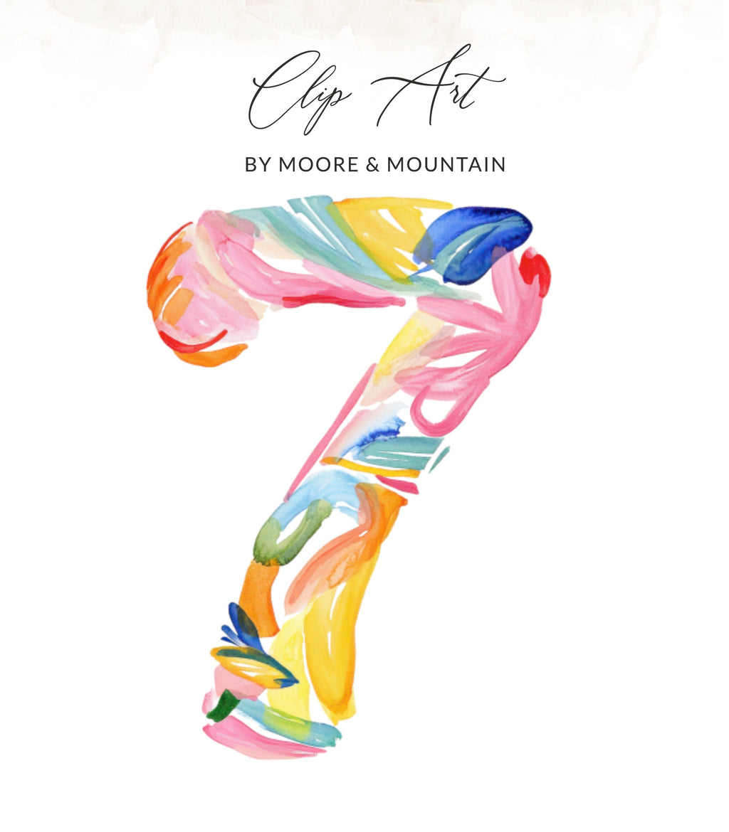 Colorful watercolor "7" clip art by Moore & Mountain.