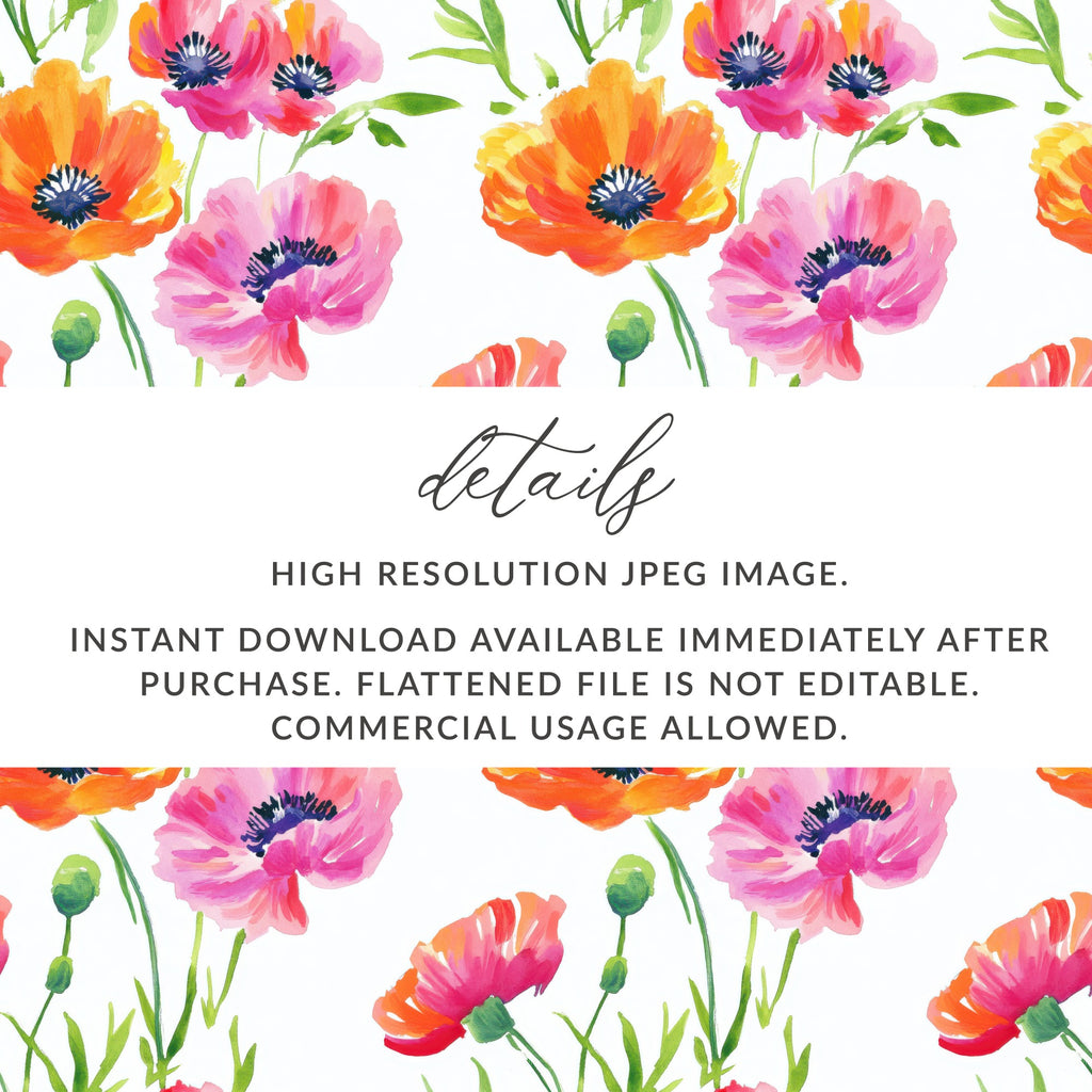 Watercolor poppies seamless pattern with text about download details.