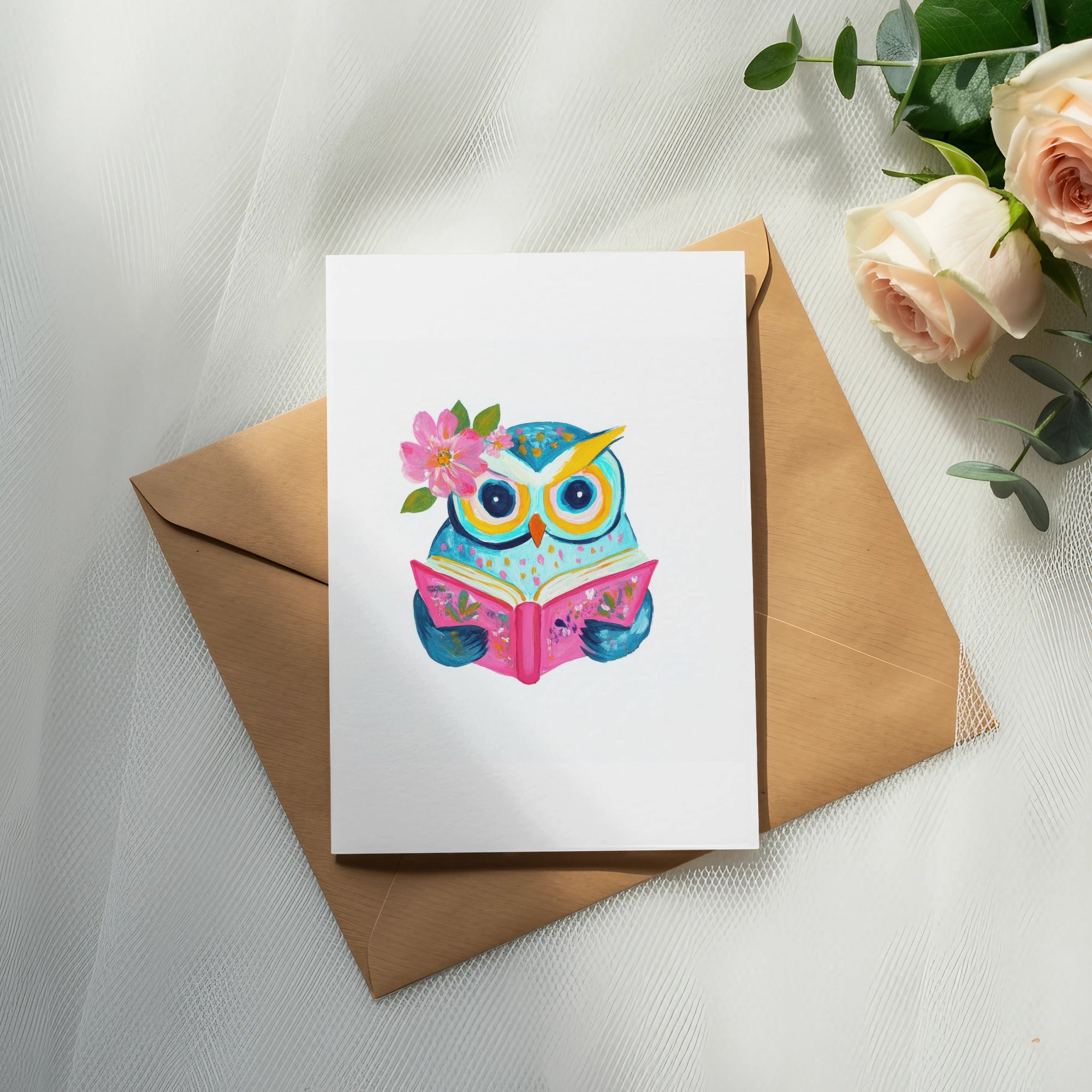 Card featuring a watercolor owl reading a book, resting on an envelope.
