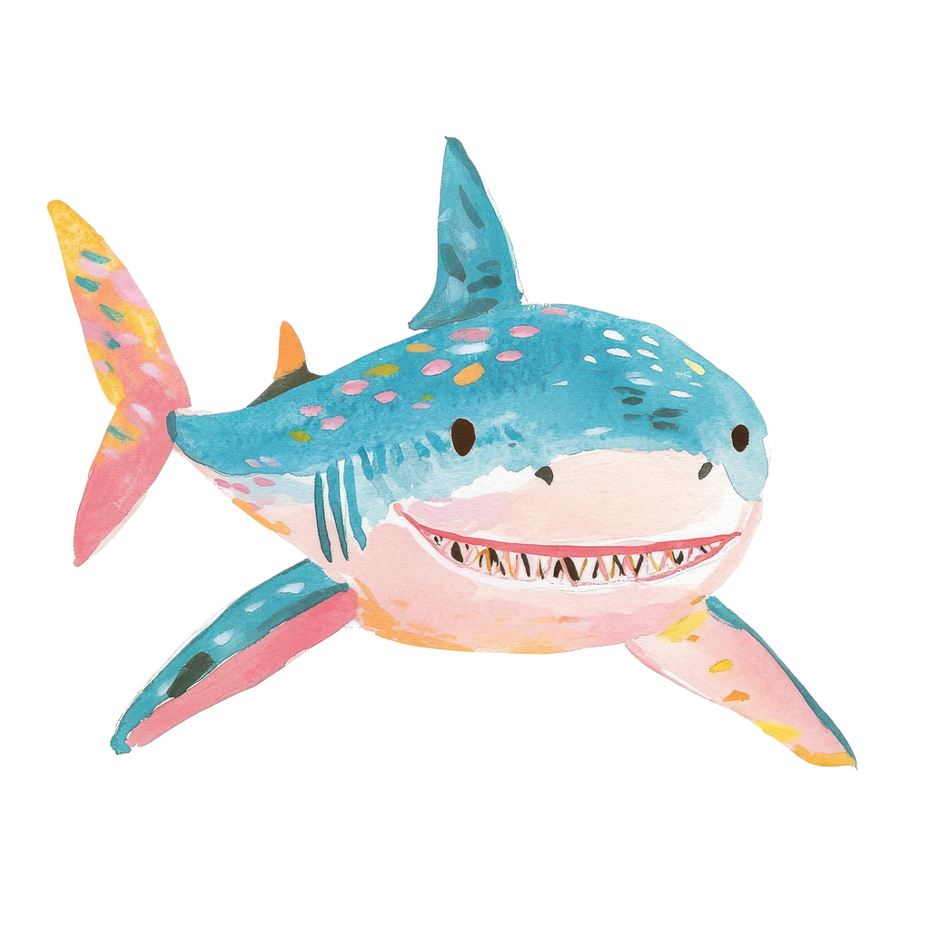 Watercolor illustration of a smiling shark with colorful spots and fins.