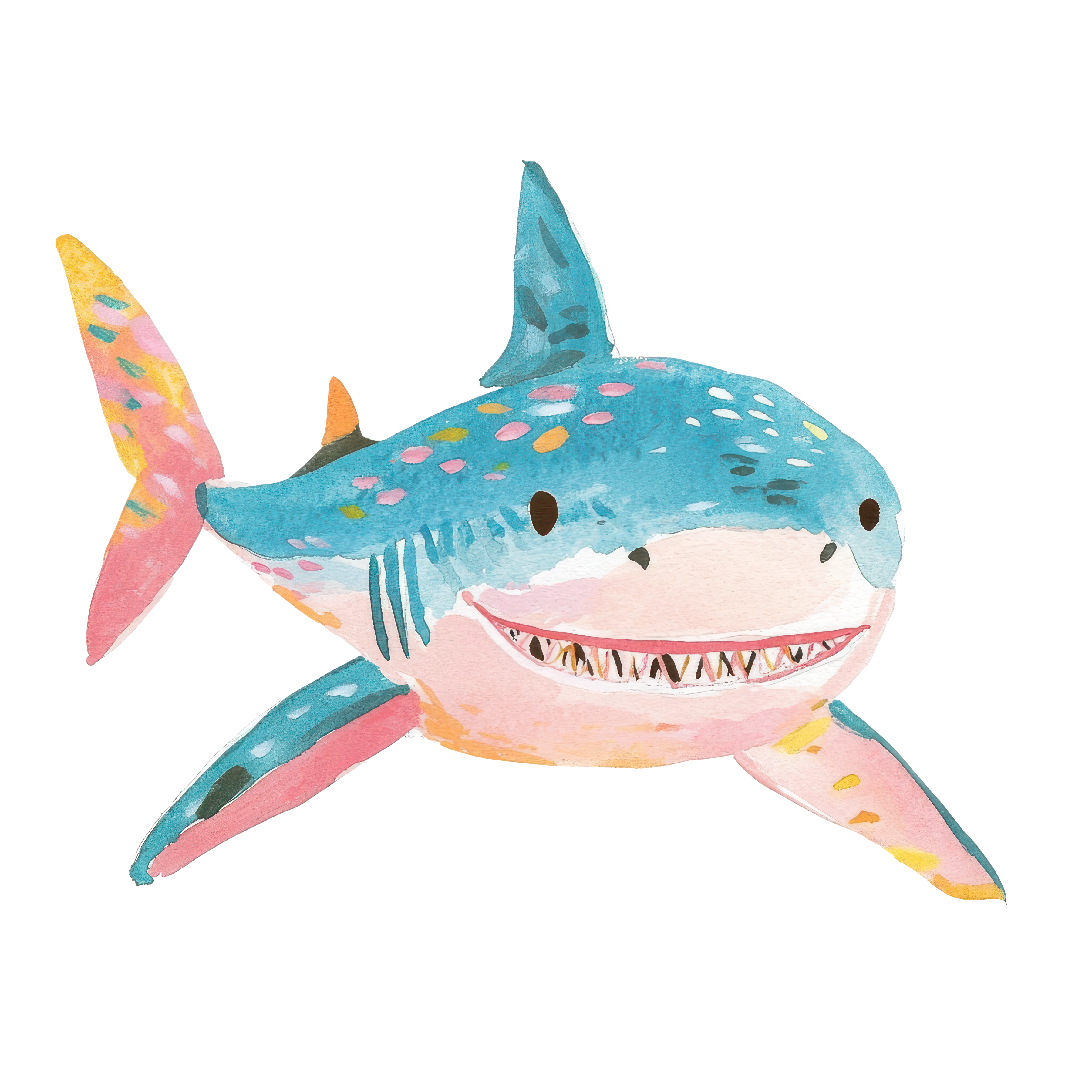 Watercolor illustration of a smiling shark with colorful spots and fins.