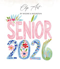 "Senior 2026" text with floral accents in watercolor.