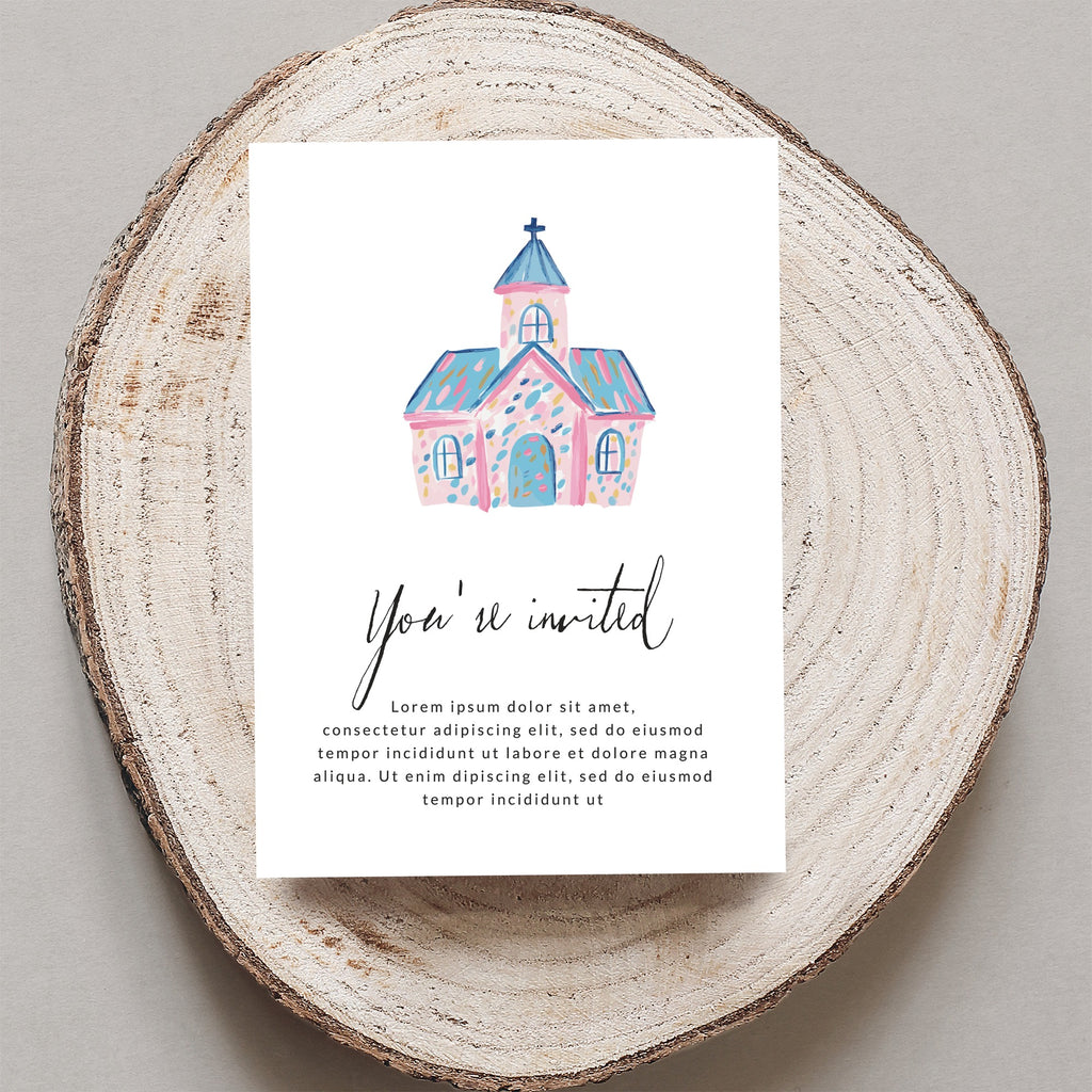 Invitation with watercolor church illustration and "You're invited" text.