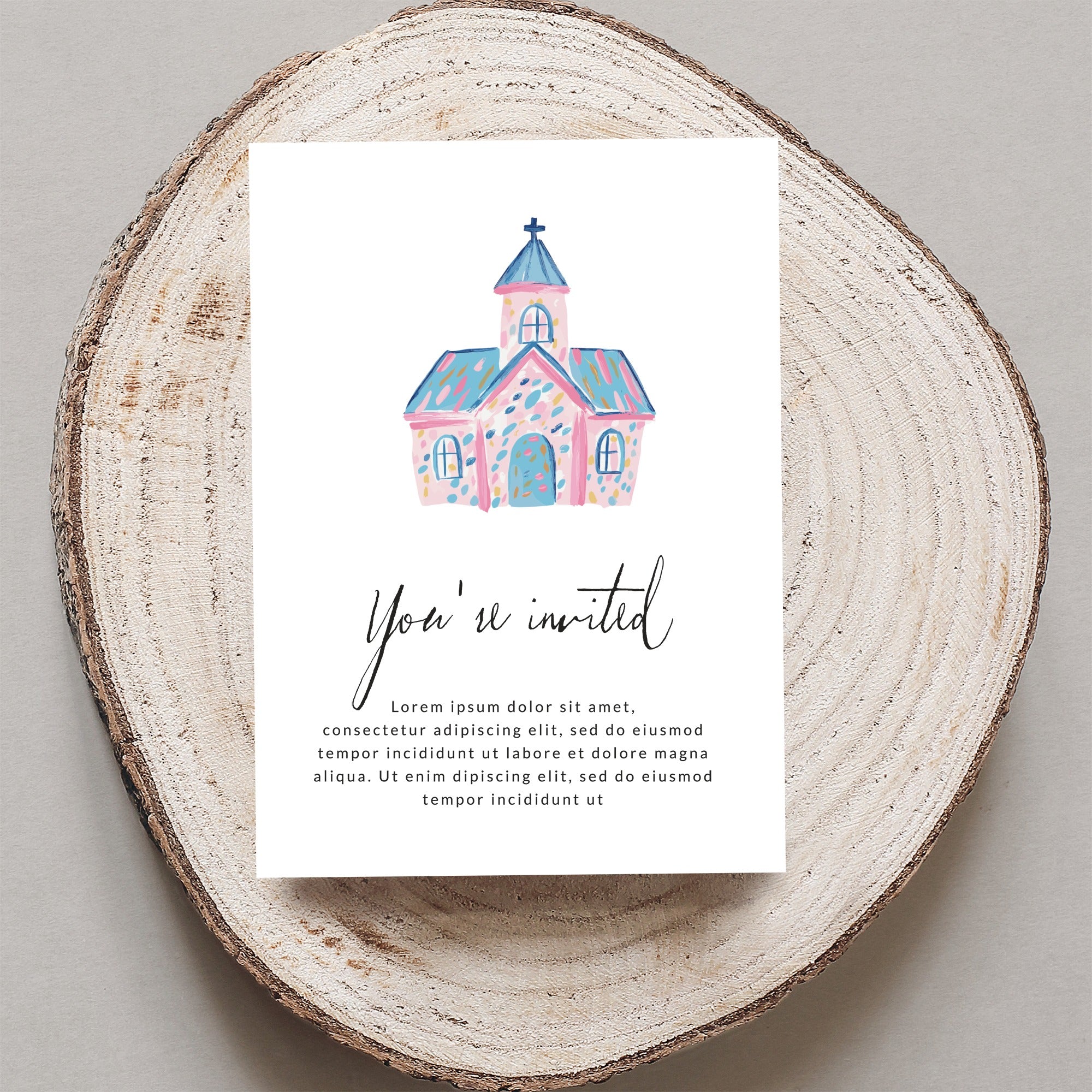 Invitation with watercolor church illustration and "You're invited" text.