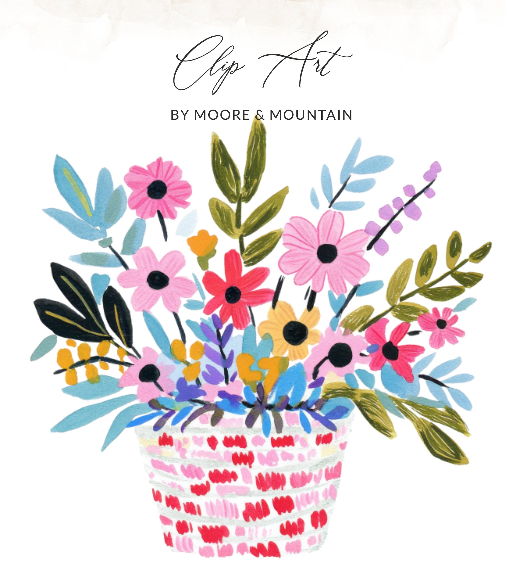 Basket of colorful wildflowers with "Clip Art by Moore & Mountain" text.