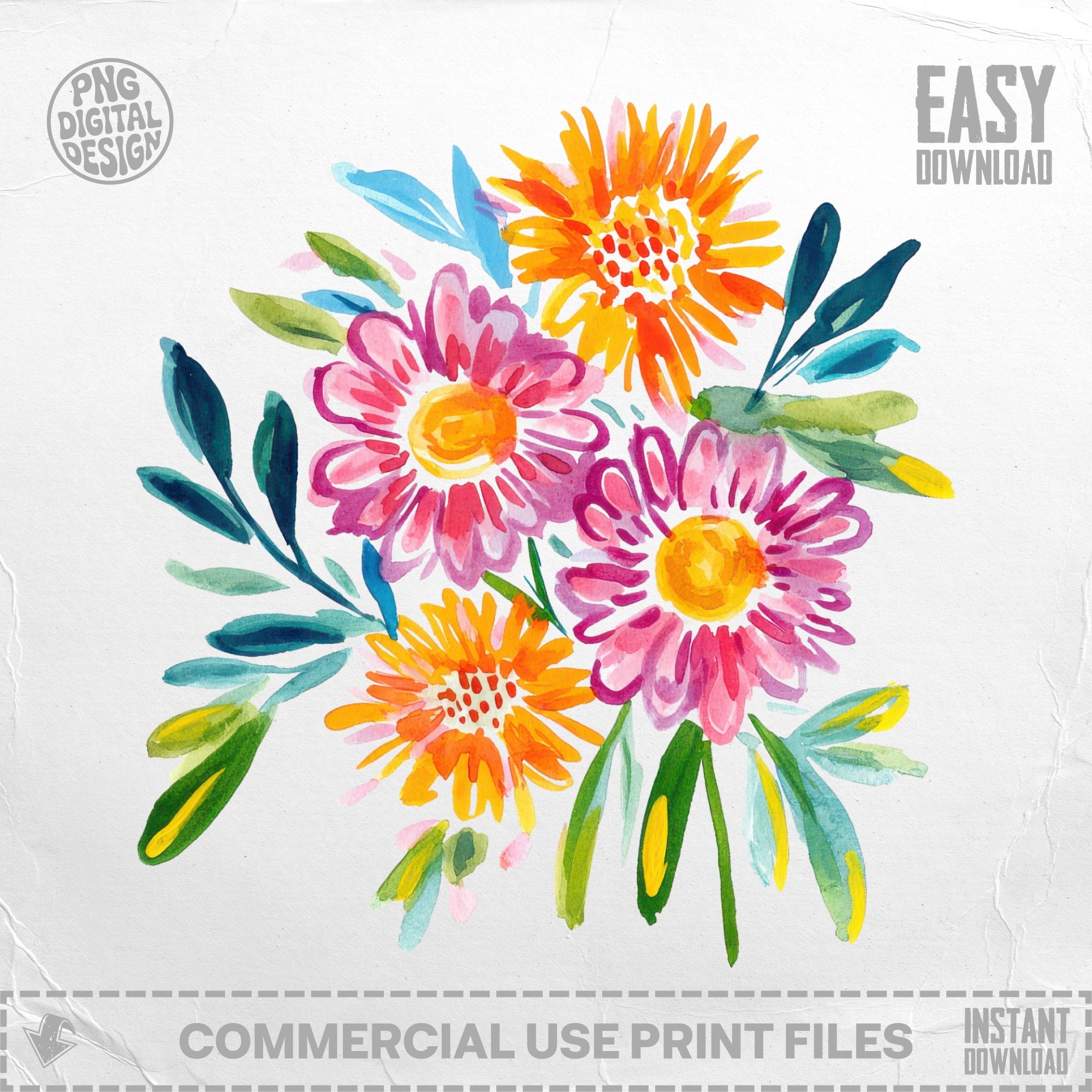 Watercolor floral illustration with pink and orange flowers and green leaves.