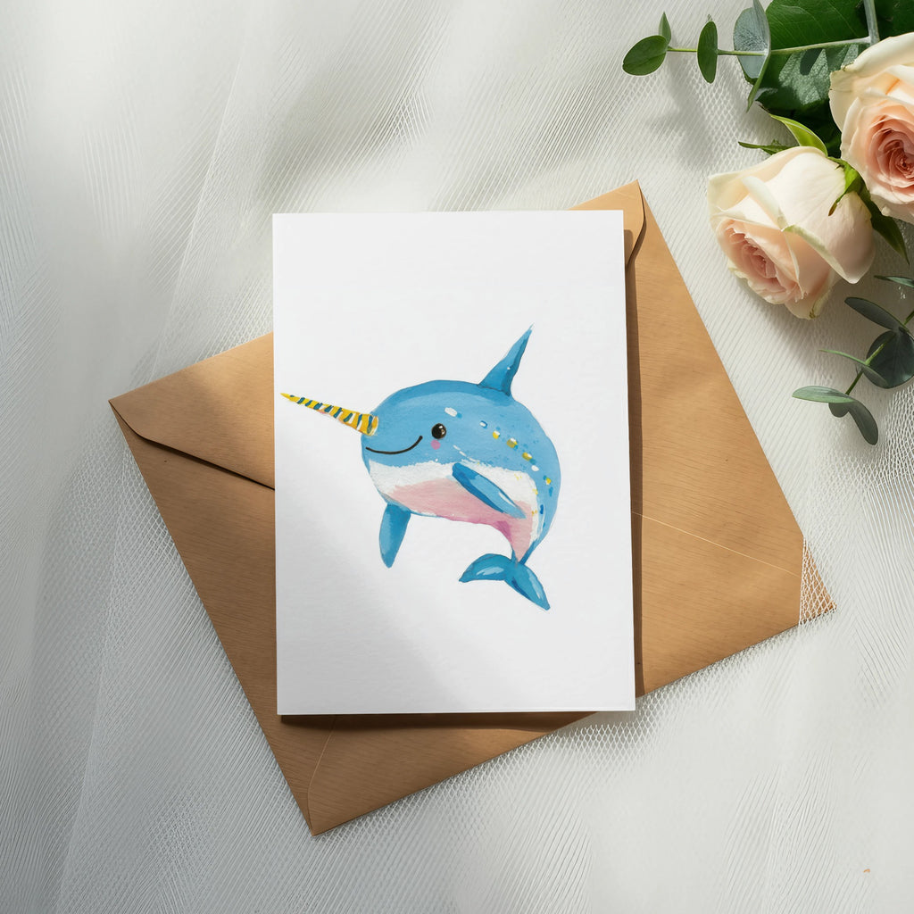 Watercolor illustration of a smiling narwhal with a yellow and blue horn, on a card.