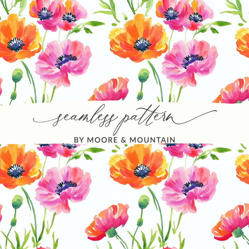 Seamless pattern of watercolor pink and orange poppies with calligraphic text.